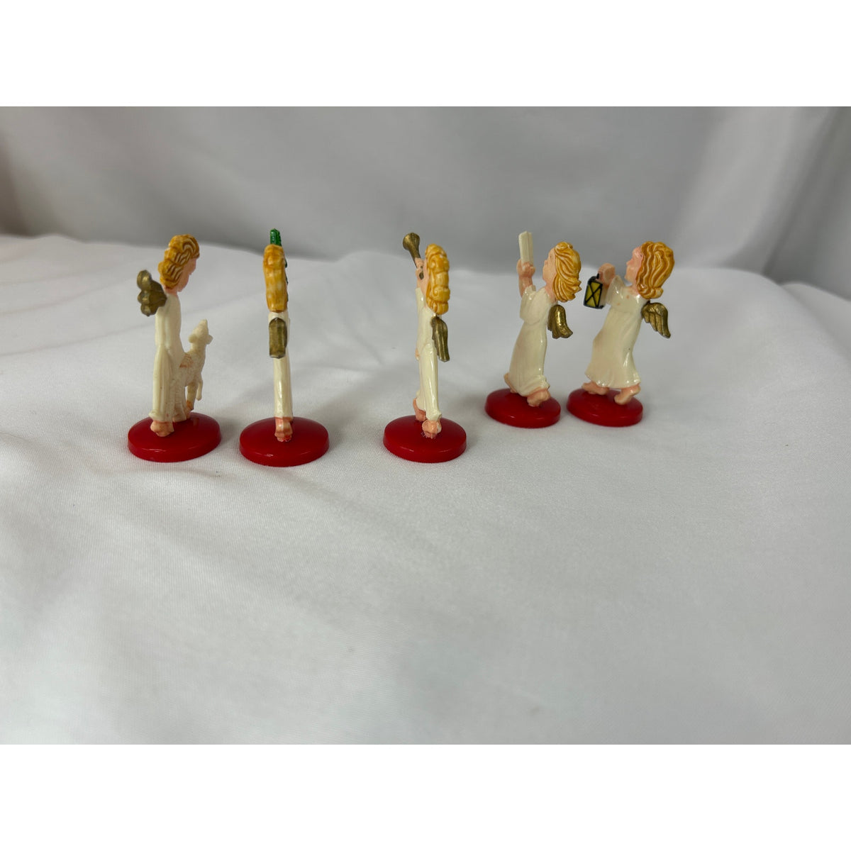 Vintage West Germany Angel Figurines Set 5 Plastic Christmas Red Base MCM
