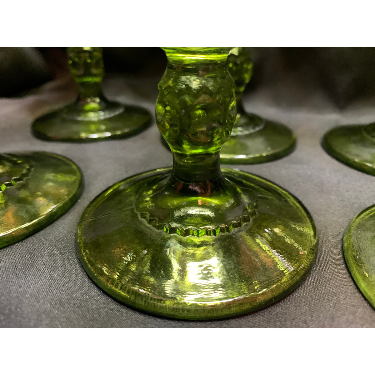 Vintage Indiana Glass Kings Crown Olive Green Goblets Set of 8 READ