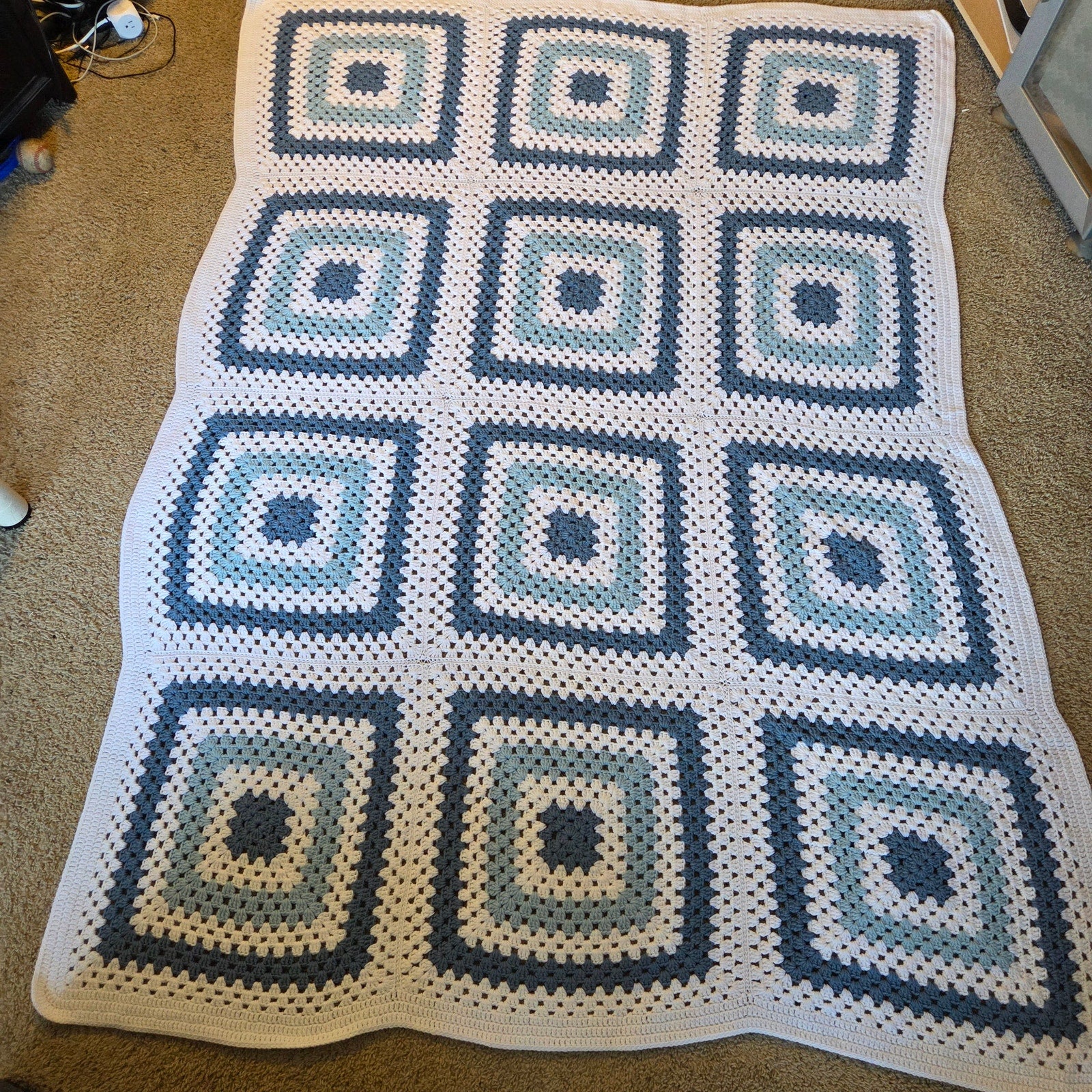 Handmade Blue White Crochet Granny Square Afghan Blanket 88x63