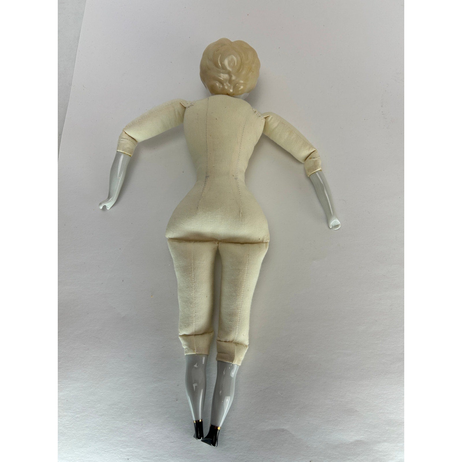 Antique 14” Blonde China Head Doll 1860s German Porcelain Cloth Body