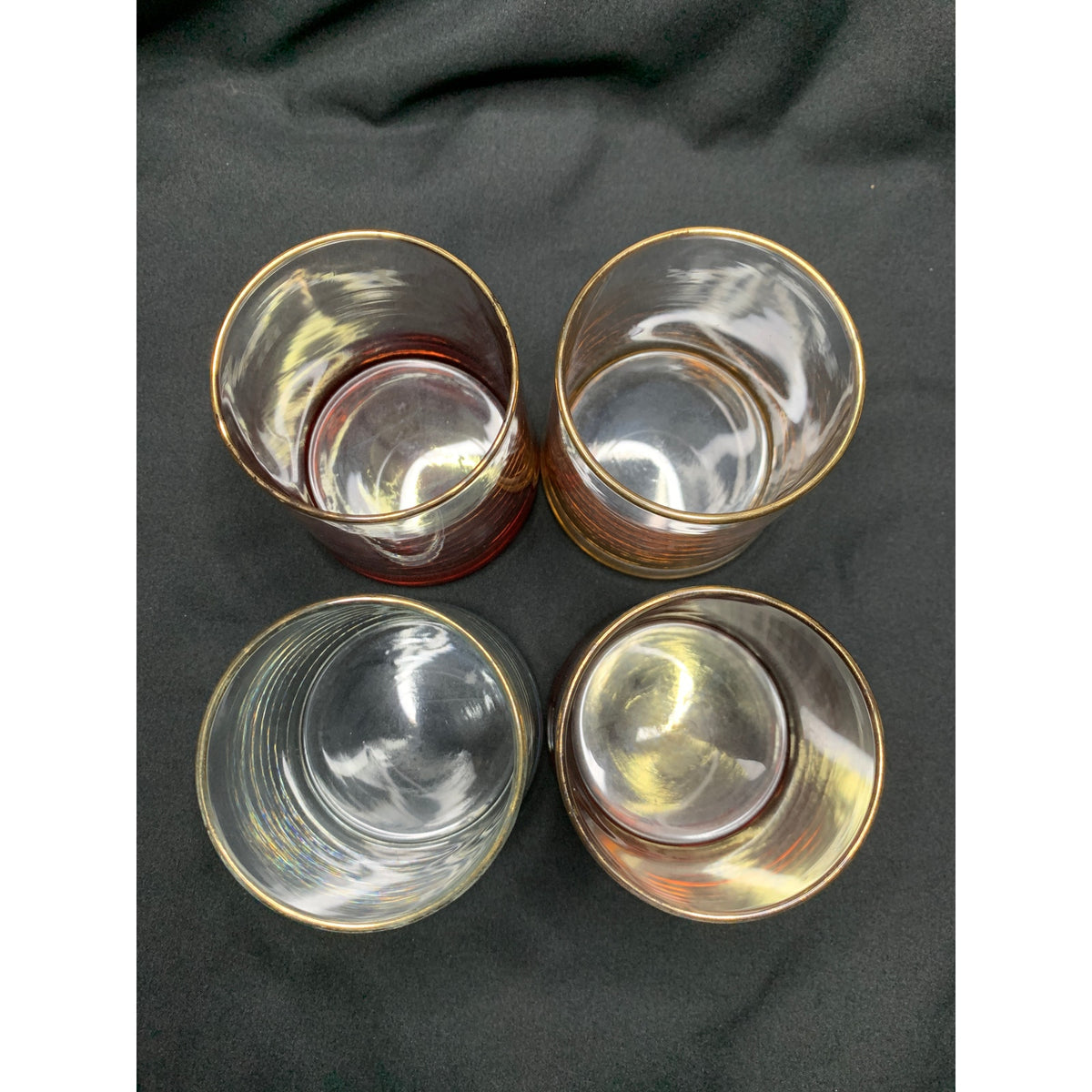 Set of 4 Gold Rim Lowball Rocks Glasses Colored Heavy Bases Barware