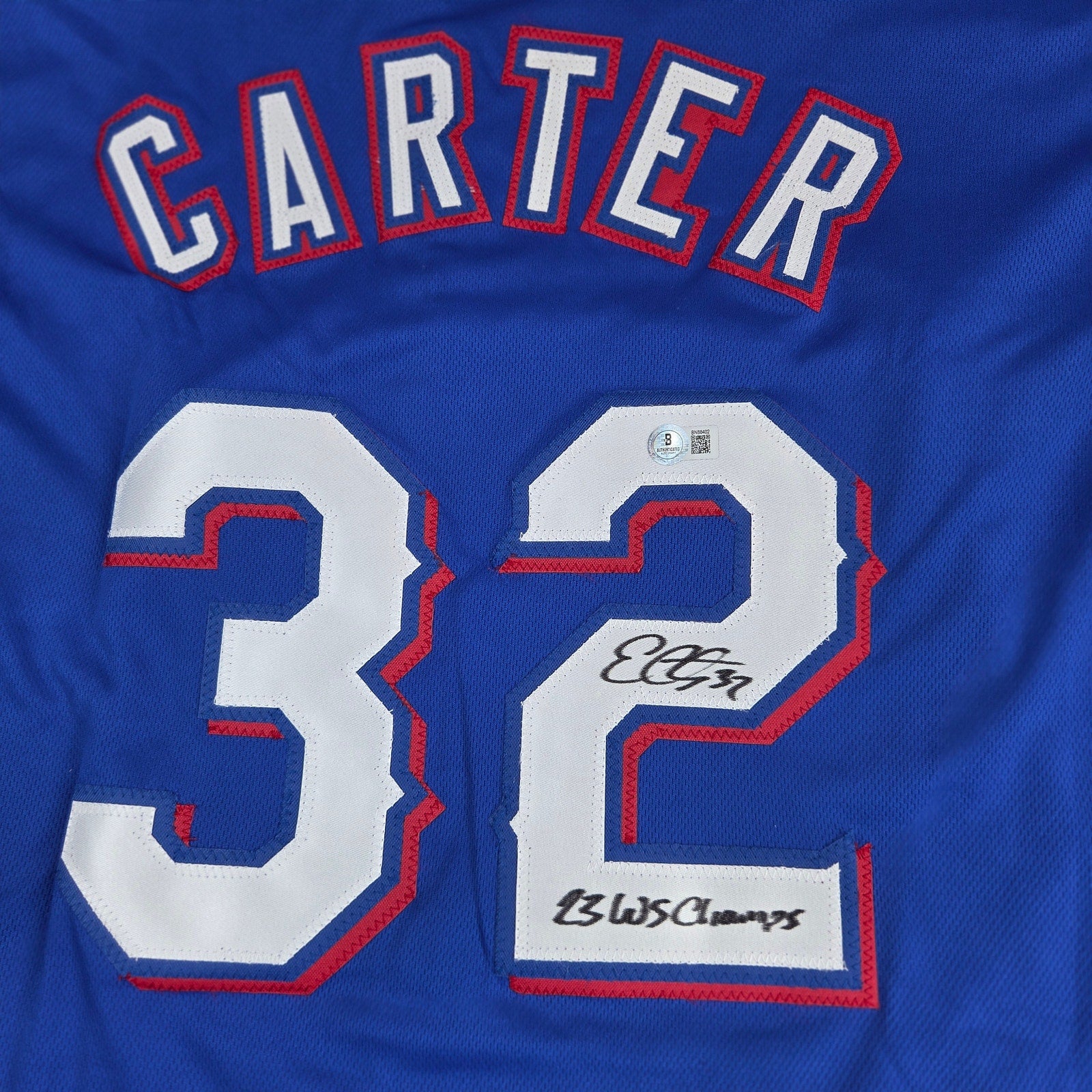 Evan Carter Signed Texas Rangers Custom Jersey BAS Beckett 23 WS Champs Auto