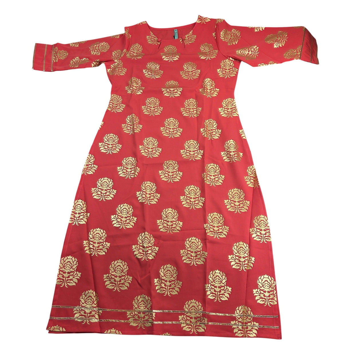 Janasya Womens M Red Gold Floral Foil Print Crepe Kurti Indian Tunic Top NWT