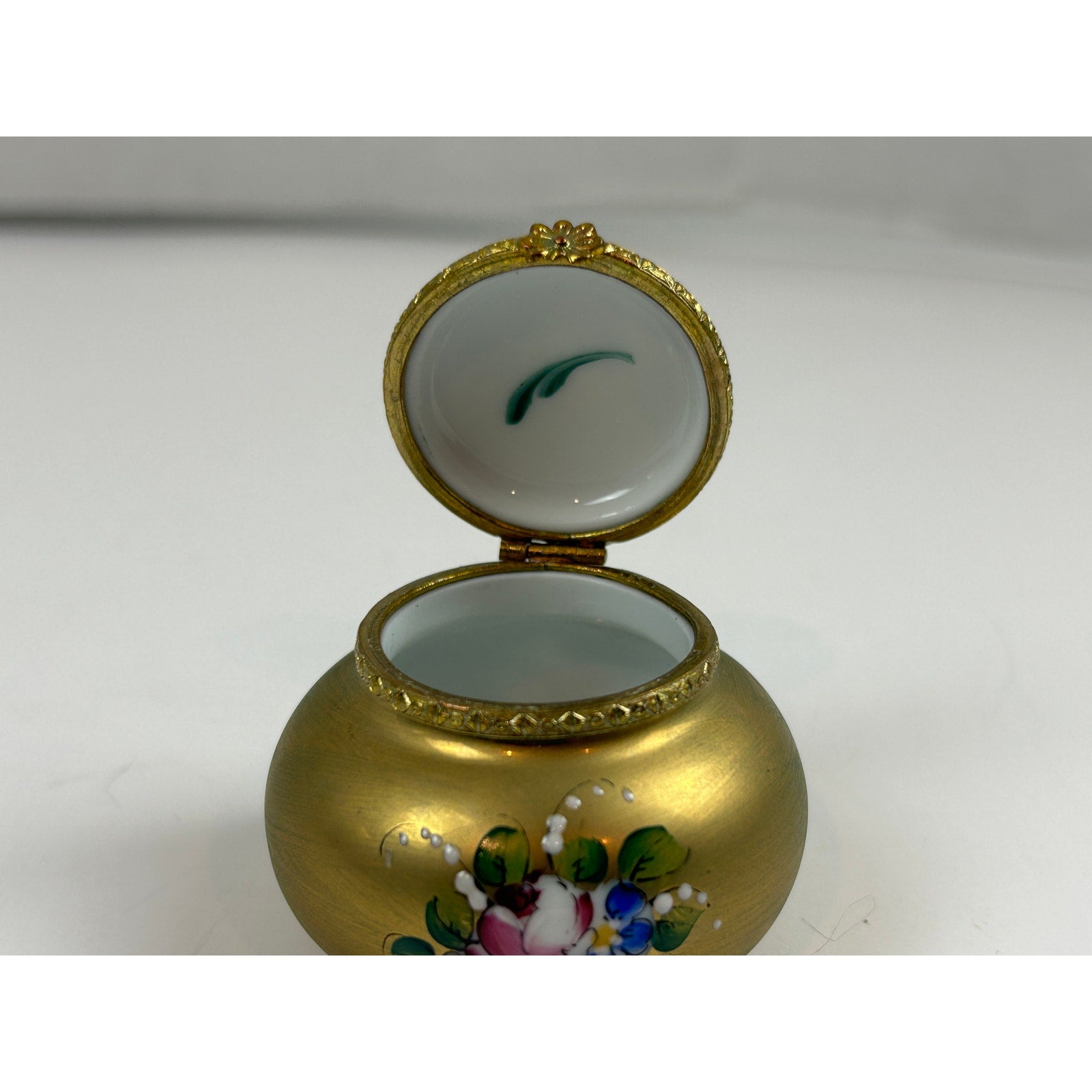 Limoges France Hand Painted Trinket Box Matte Gold Floral Round