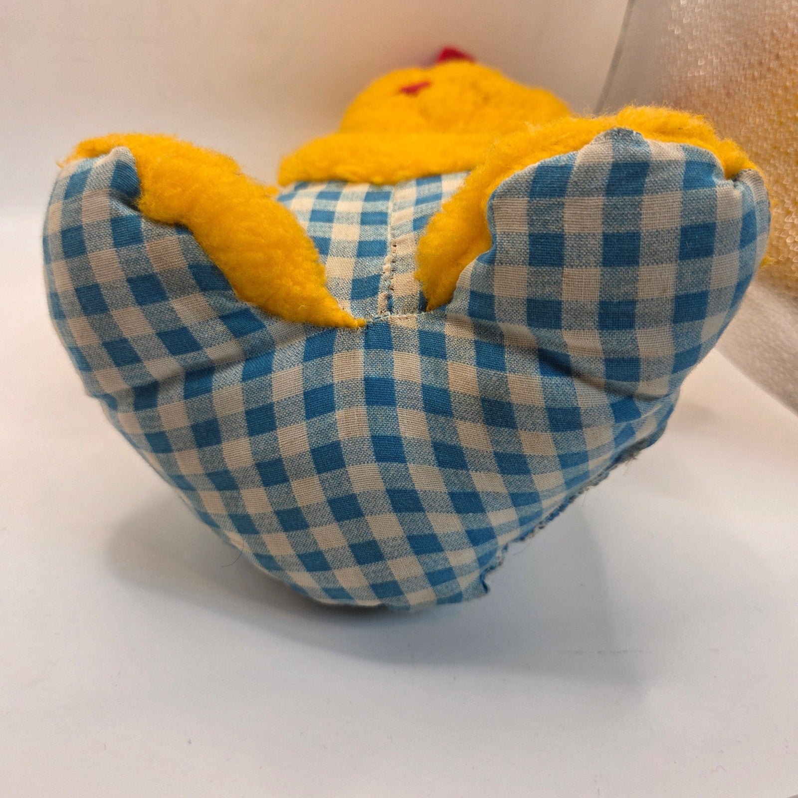 Vintage 1980s Plush Chick Yellow Stuffed Animal in Blue Gingham Romper Haiti