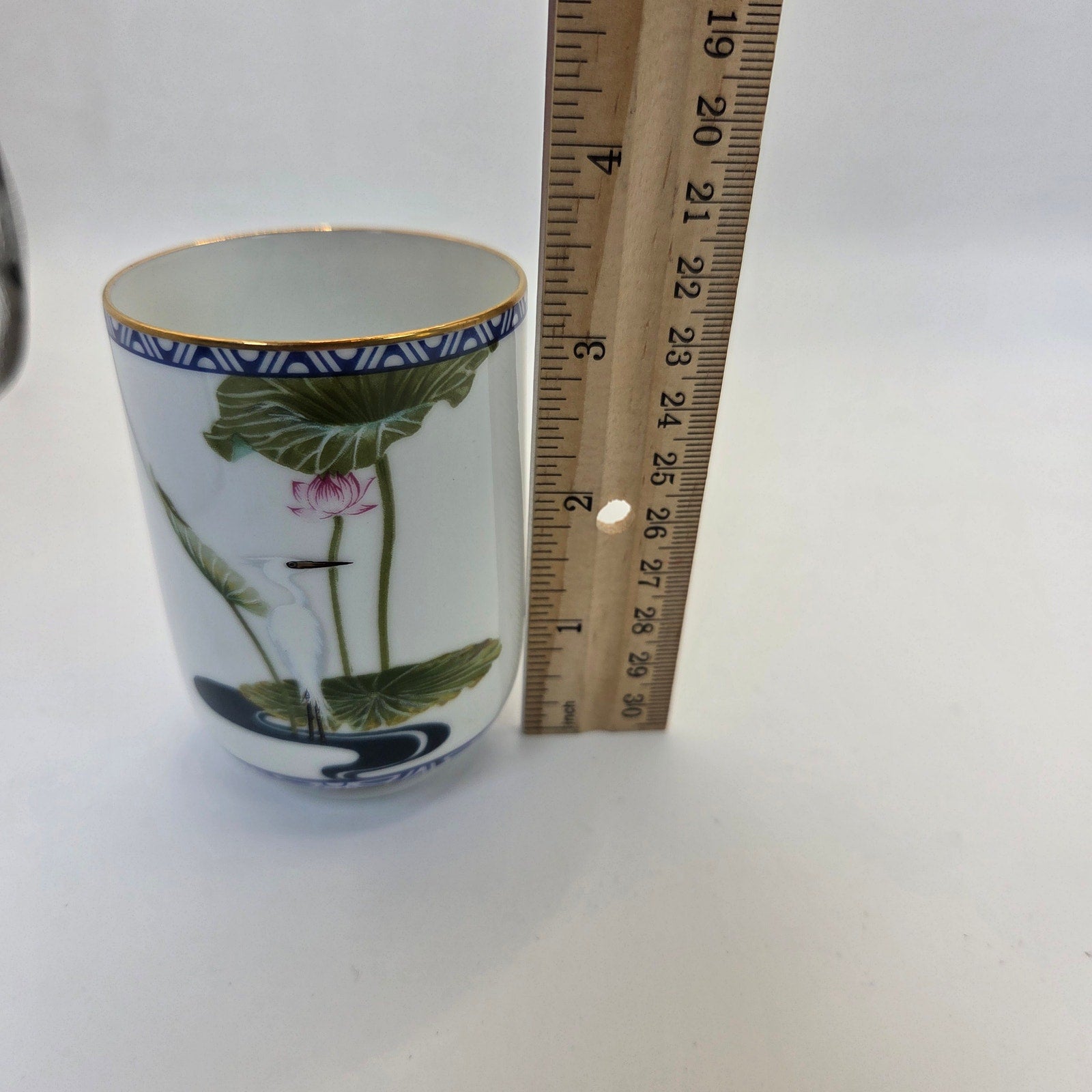 Franklin Mint 1985 Porcelain Tea Cup Egret Lotus Blue Gold Trim Japan
