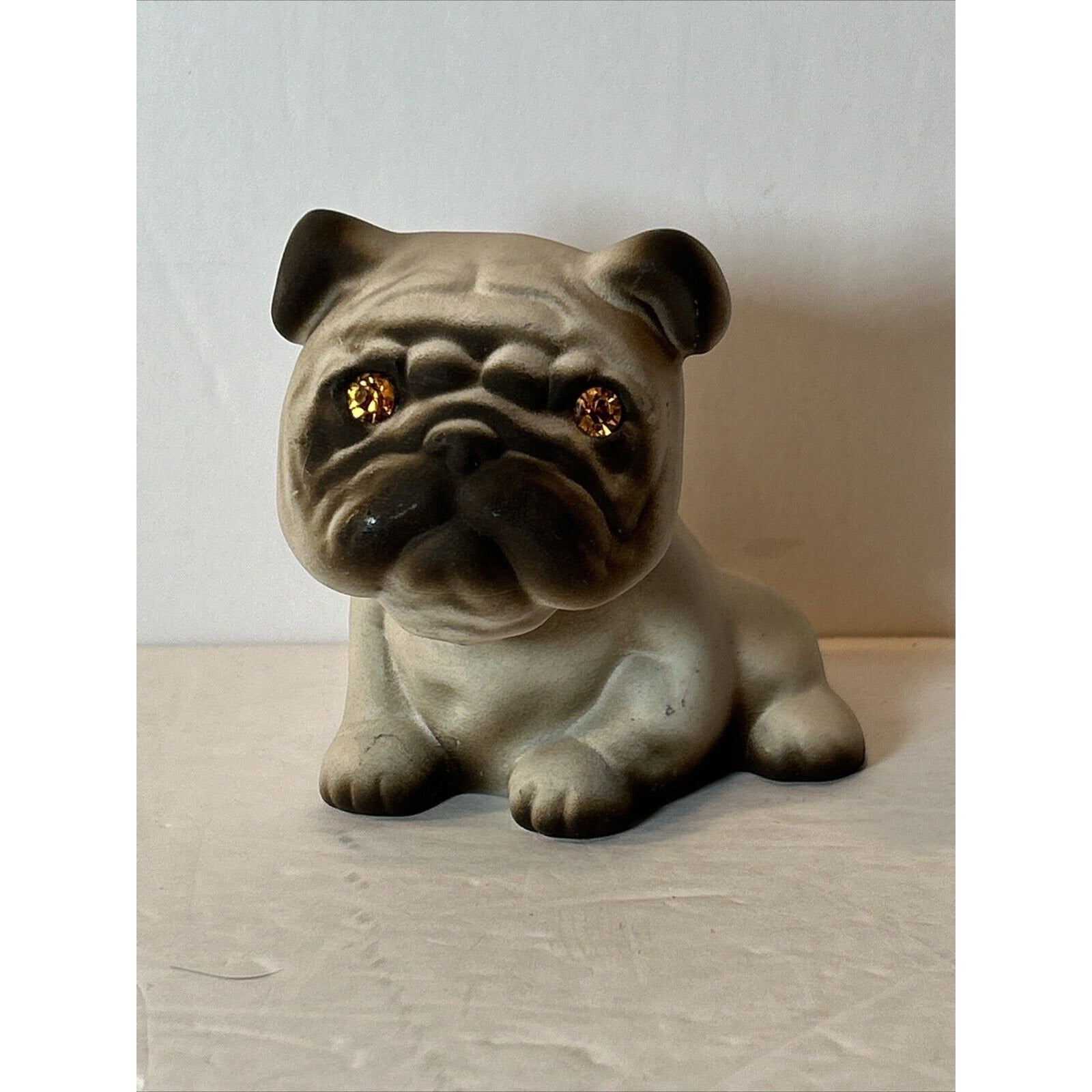Vintage Roselane USA Bisque Bulldog Figurine Rhinestone Eyes Pottery