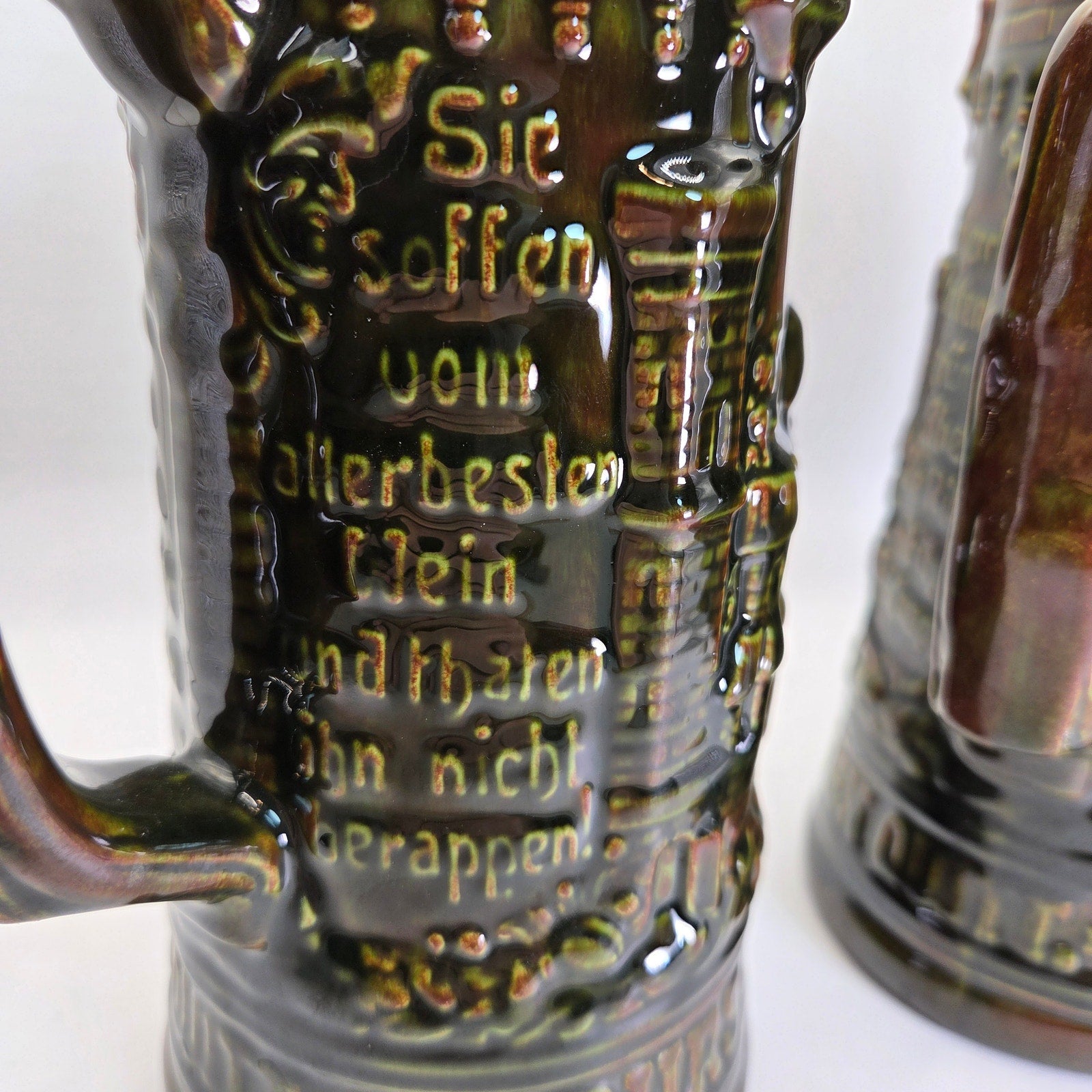 Vintage German Style Beer Steins Pair Signed “Sam :)” 8.5” Brown Glaze