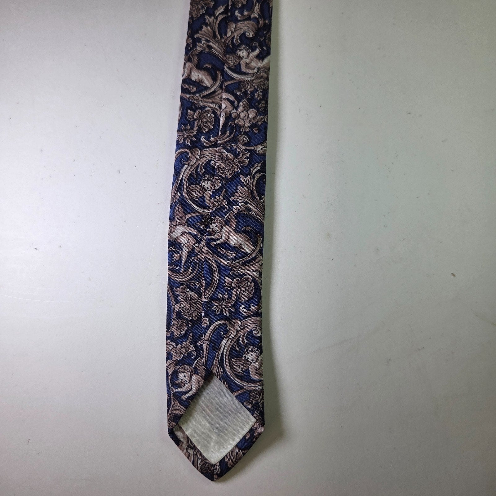Brooks Brothers Silk Tie Cherub Baroque Scroll Pattern Blue USA