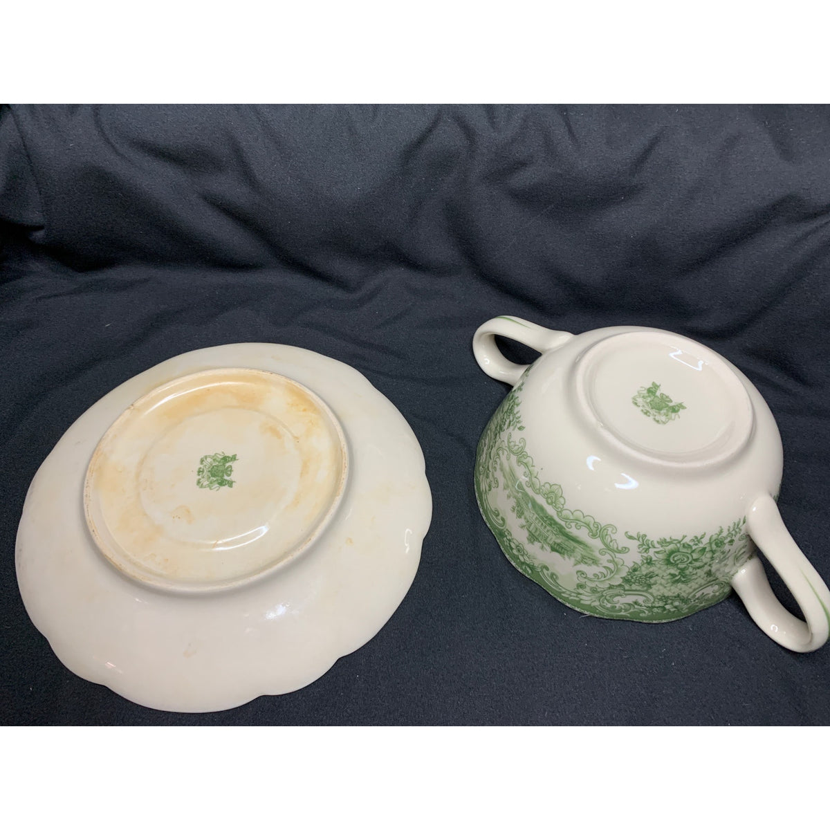 Vintage Green Transferware 2 Handle Cream Soup Cup & Saucer Scenic Floral
