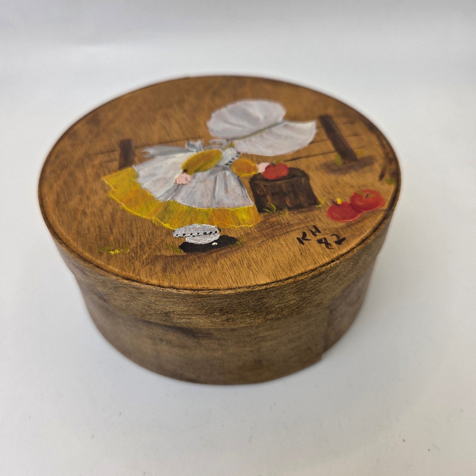 Vintage 1982 Hand Painted Wooden Cheese Box Folk Art Signed KH