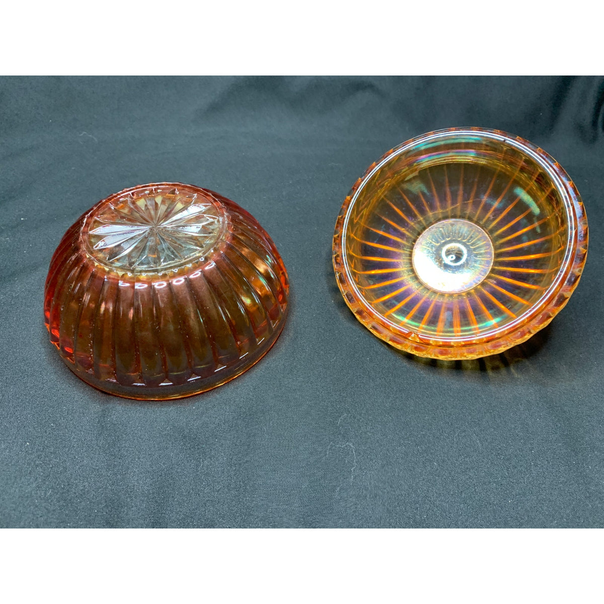 Vintage Marigold Carnival Glass Ribbed Covered Candy Dish Iridescent Amber
