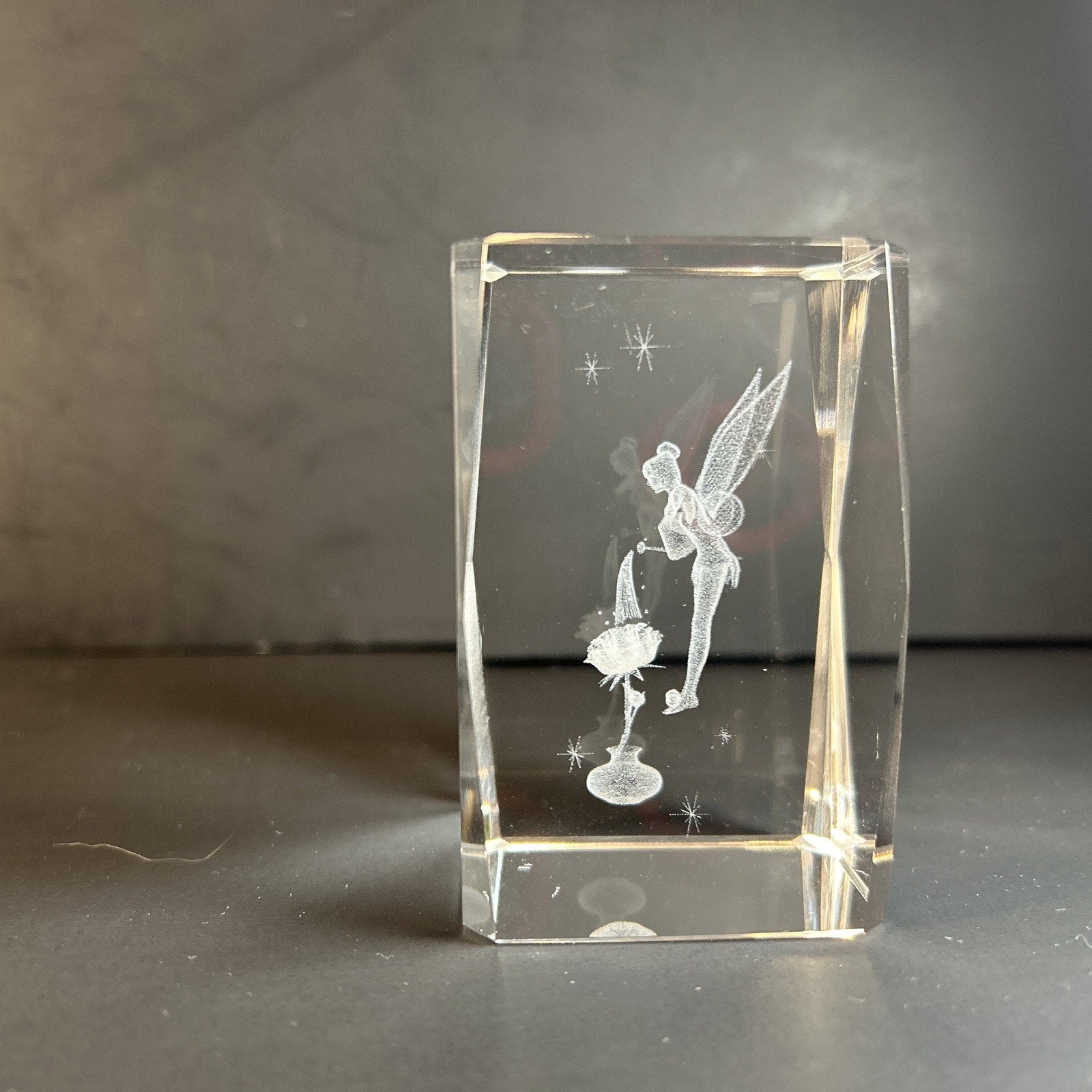 Tinker Bell Watering a Flower 3d Etched Disney Crystal Glass 3"x2" Paper Weight