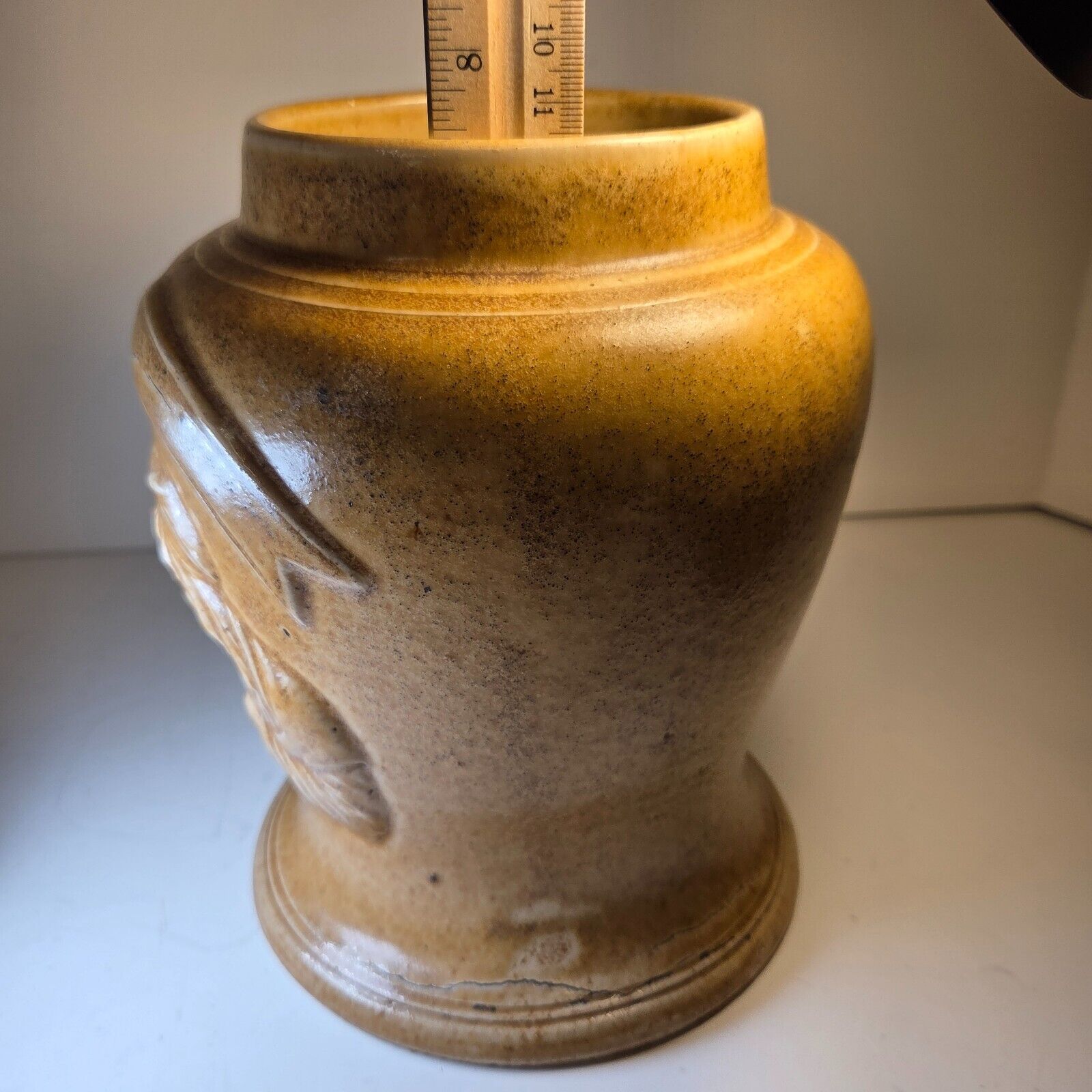 Antique Stoneware Snuff Jar 7.5" Relief Man Sniffing #2 No Lid Pre-1930