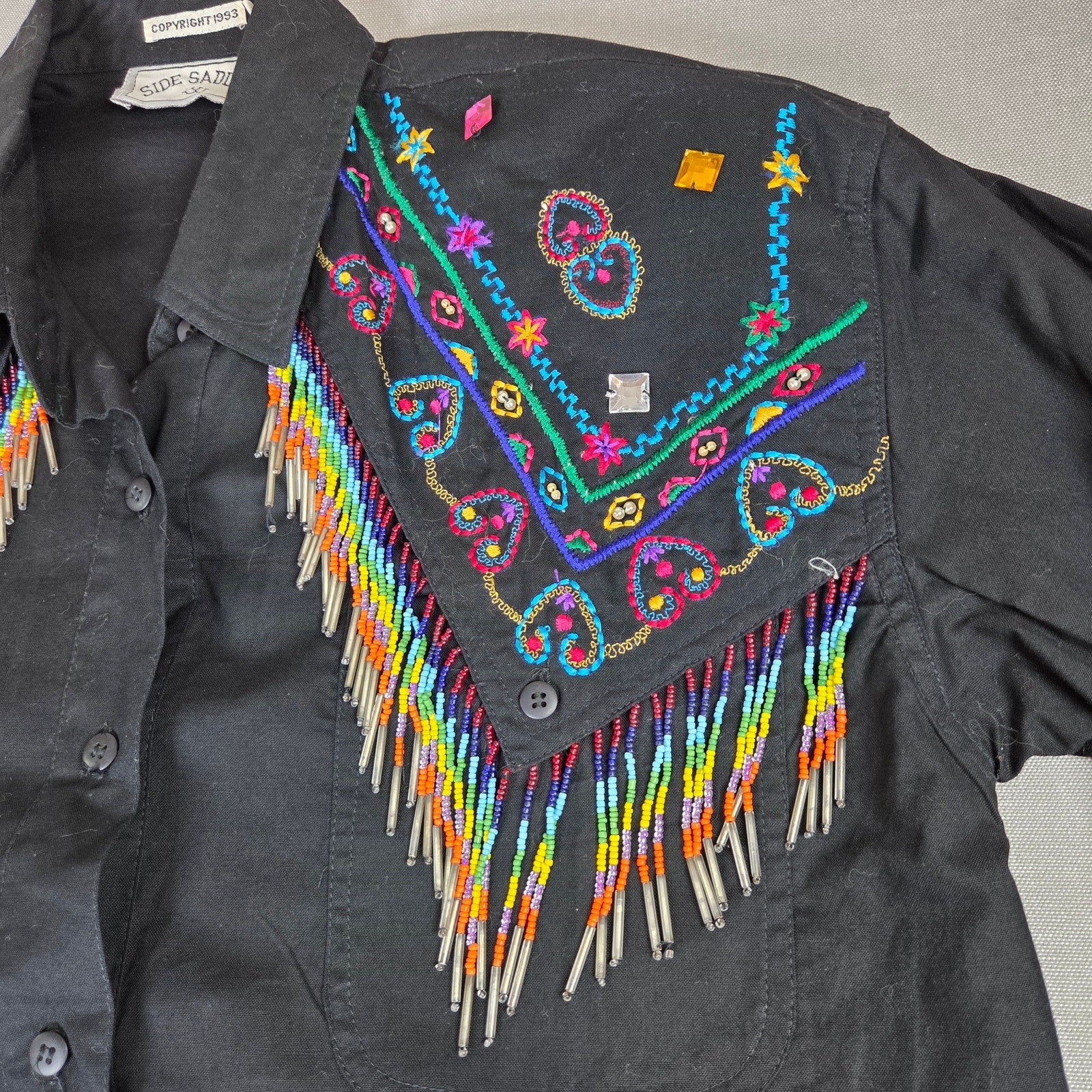Side Saddle 1993 Beaded Fringe Western Button Shirt Black Cotton M Pad
