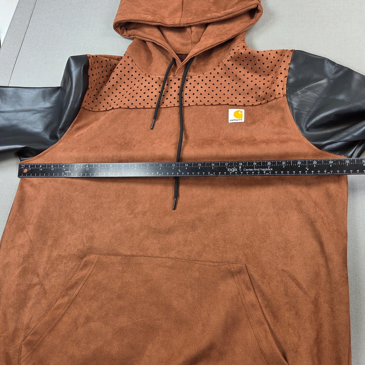 Custom Faux Suede Hoodie 2XL Brown Black Contrast Sleeves Pullover