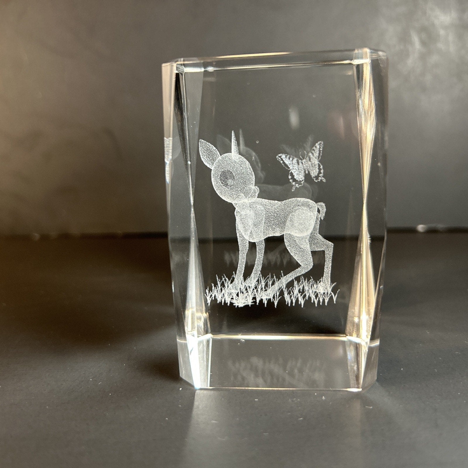 Bambi and a Butterly 3d Etched Disney Crystal Glass 3"x2" Paper Weight