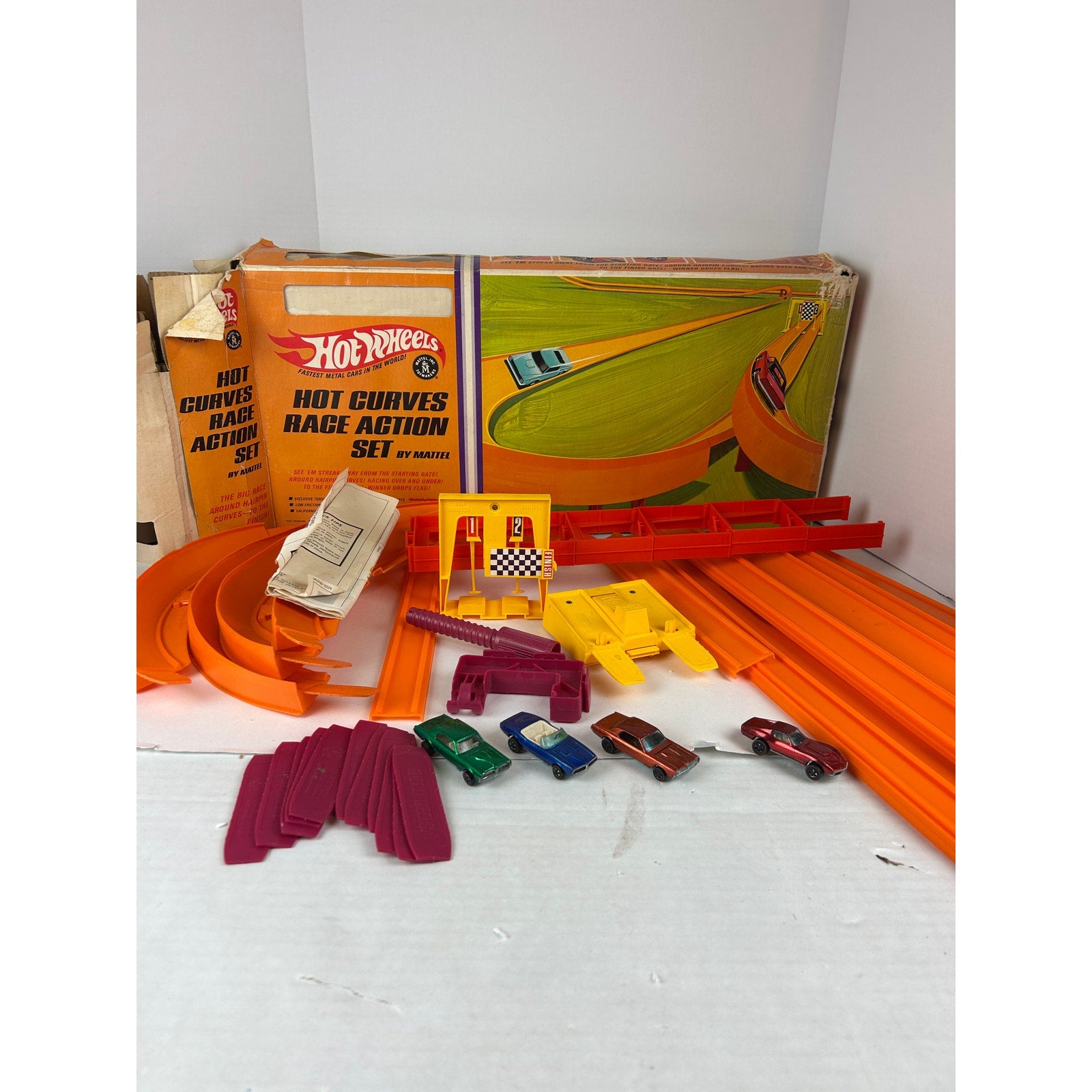 Vintage Hot Wheels Red-Line Cars Lot (4) + Hot Curves Race Action Set Track