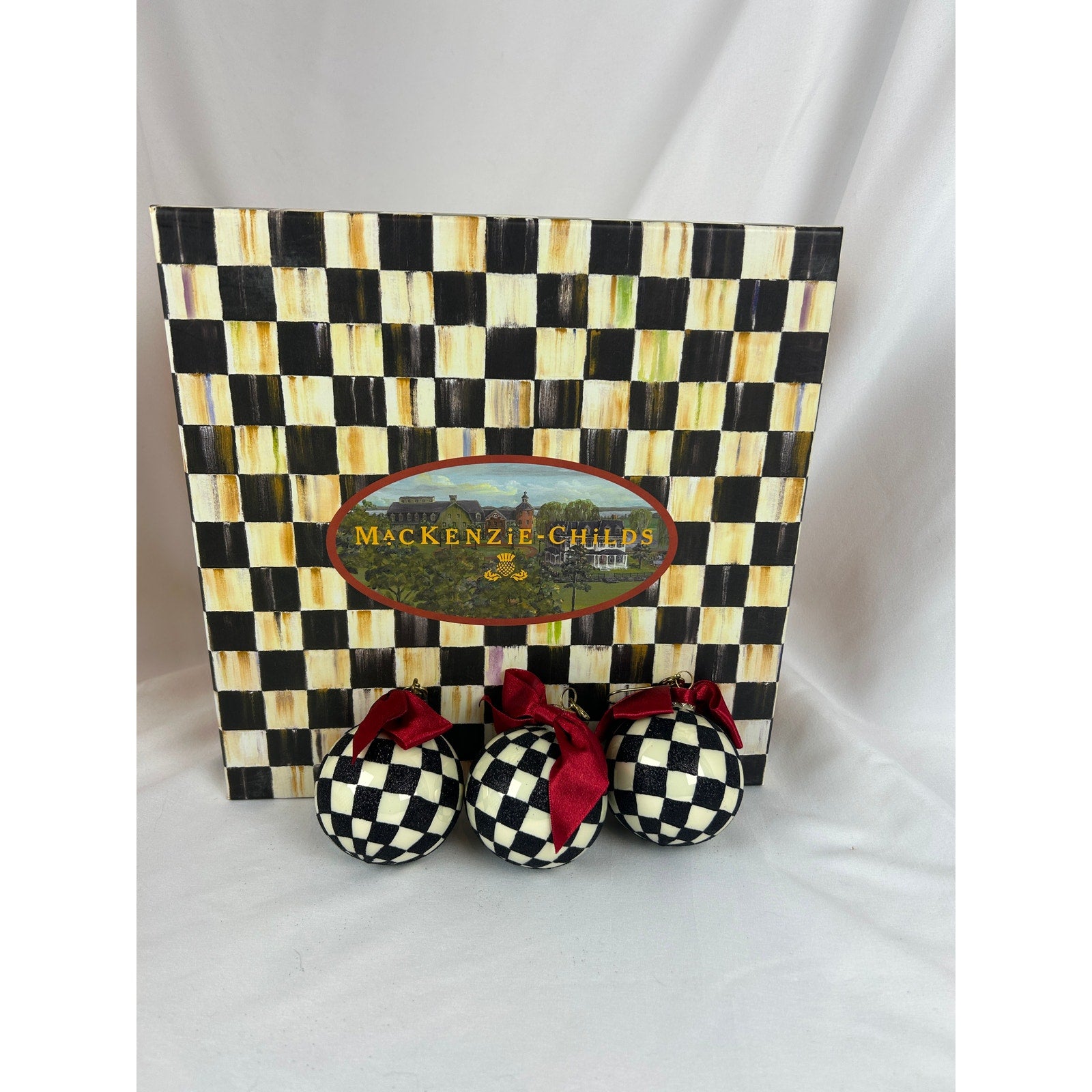 MacKenzie-Childs Courtly Check Ball Ornaments Set of 3 w/ Box Holiday Decor