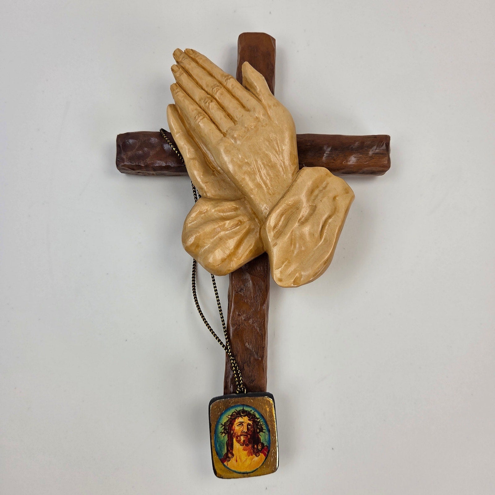 Signed Jim Ward Hand Carved Wooden Praying Hands Cross Wall Hanging Folk Art