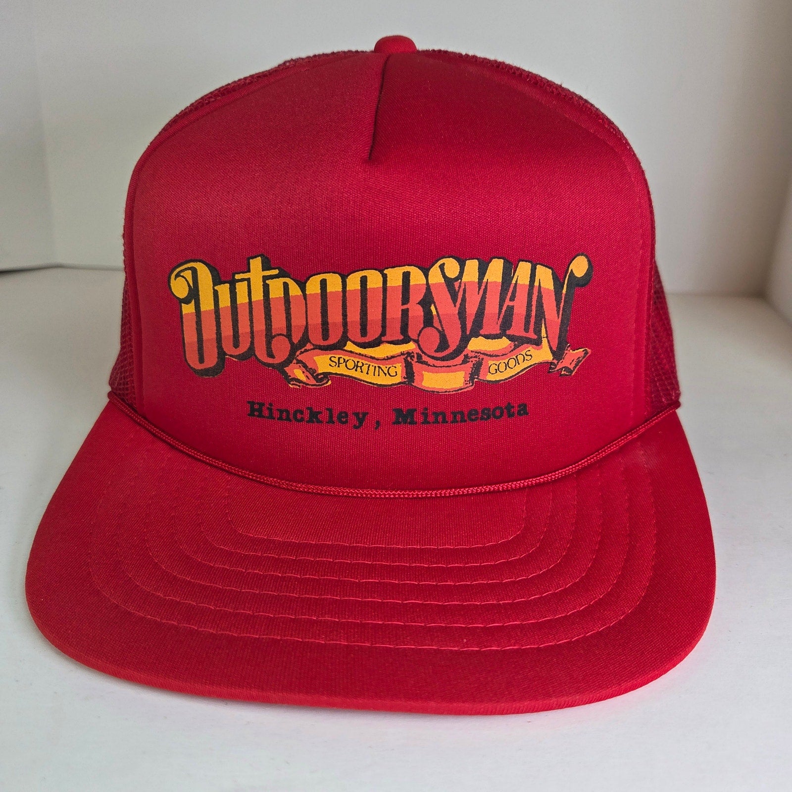 Vintage Outdoorsman Hinckley MN Trucker Hat Red Mesh Snapback Foam Front
