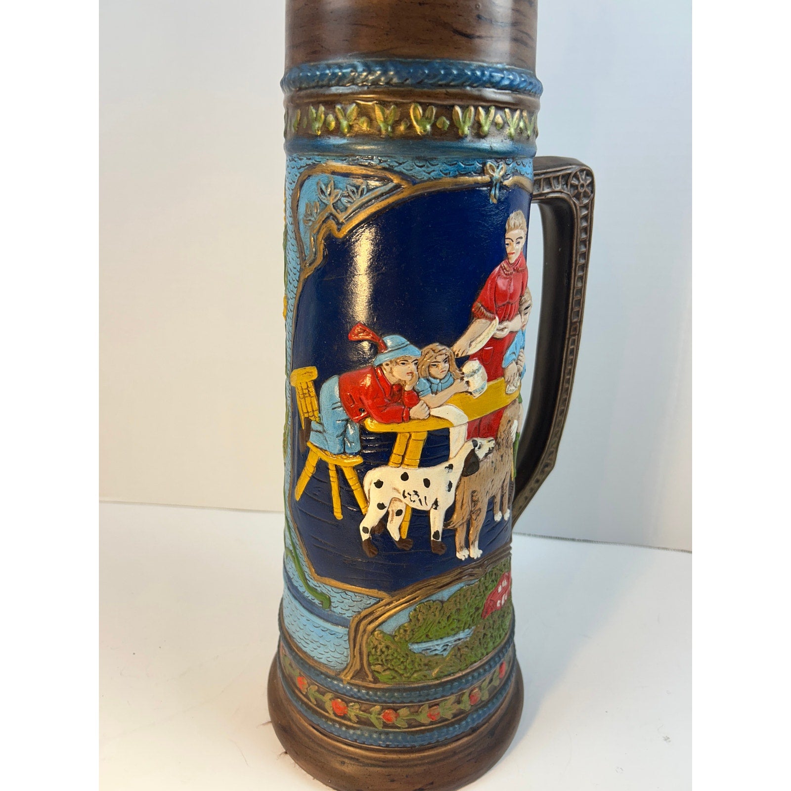 German Beer Stein Dancing Couple Relief Lidded Ceramic Tall Collectible