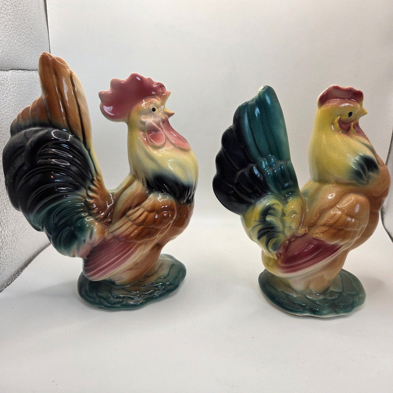 Vintage Royal Copley Rooster & Hen Figurine Pair 1950s Ceramic Statues
