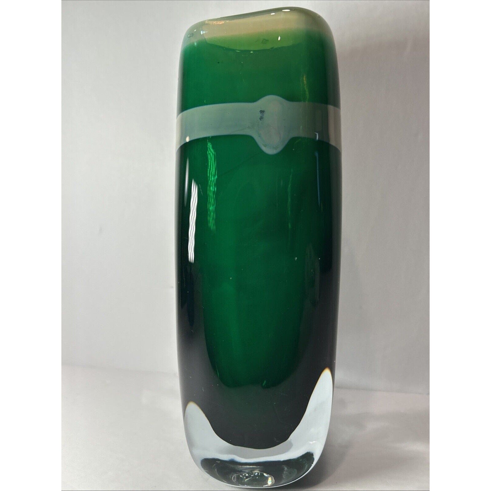 Signed Robert Doring Art Glass Vase Green & Clear Heavy Studio Glass 1990 8.5”