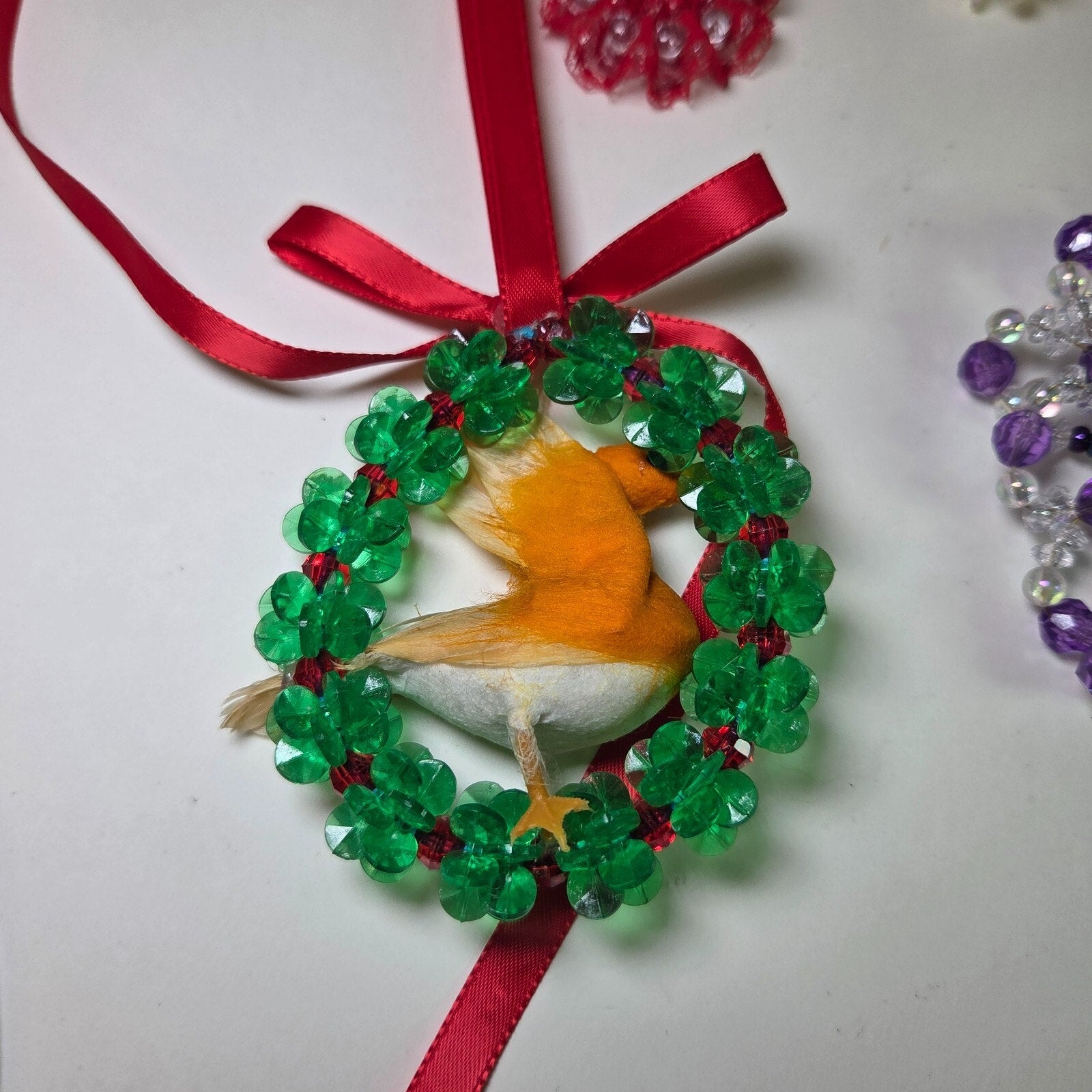 Vintage Handmade Beaded Christmas Ornaments Lot – Wreaths, Birds, More