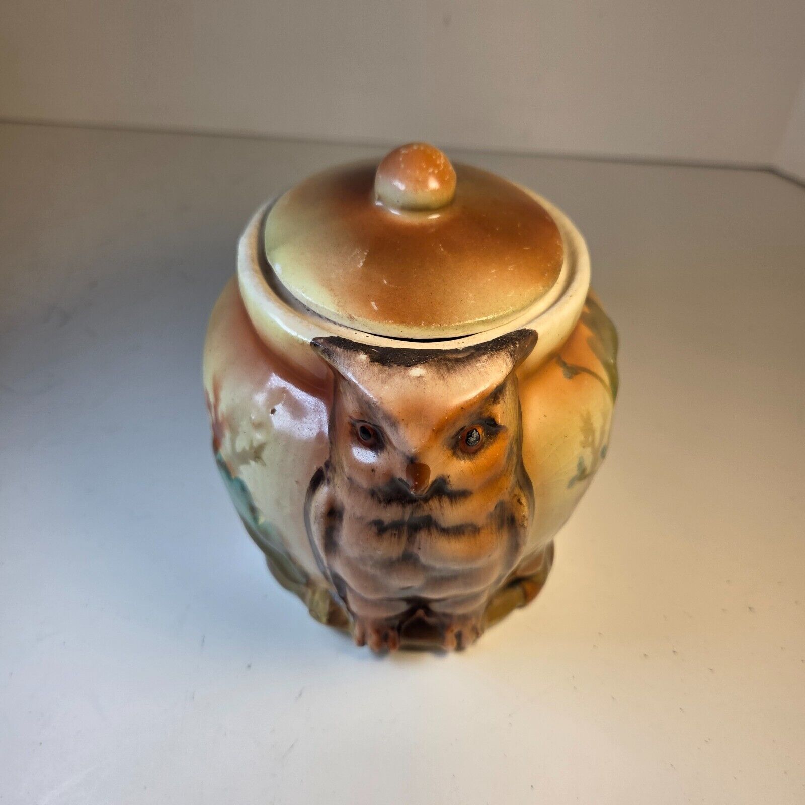 Royal Bruxonia Austria Owl Porcelain Tobacco Jar Humidor with Lid Vintage