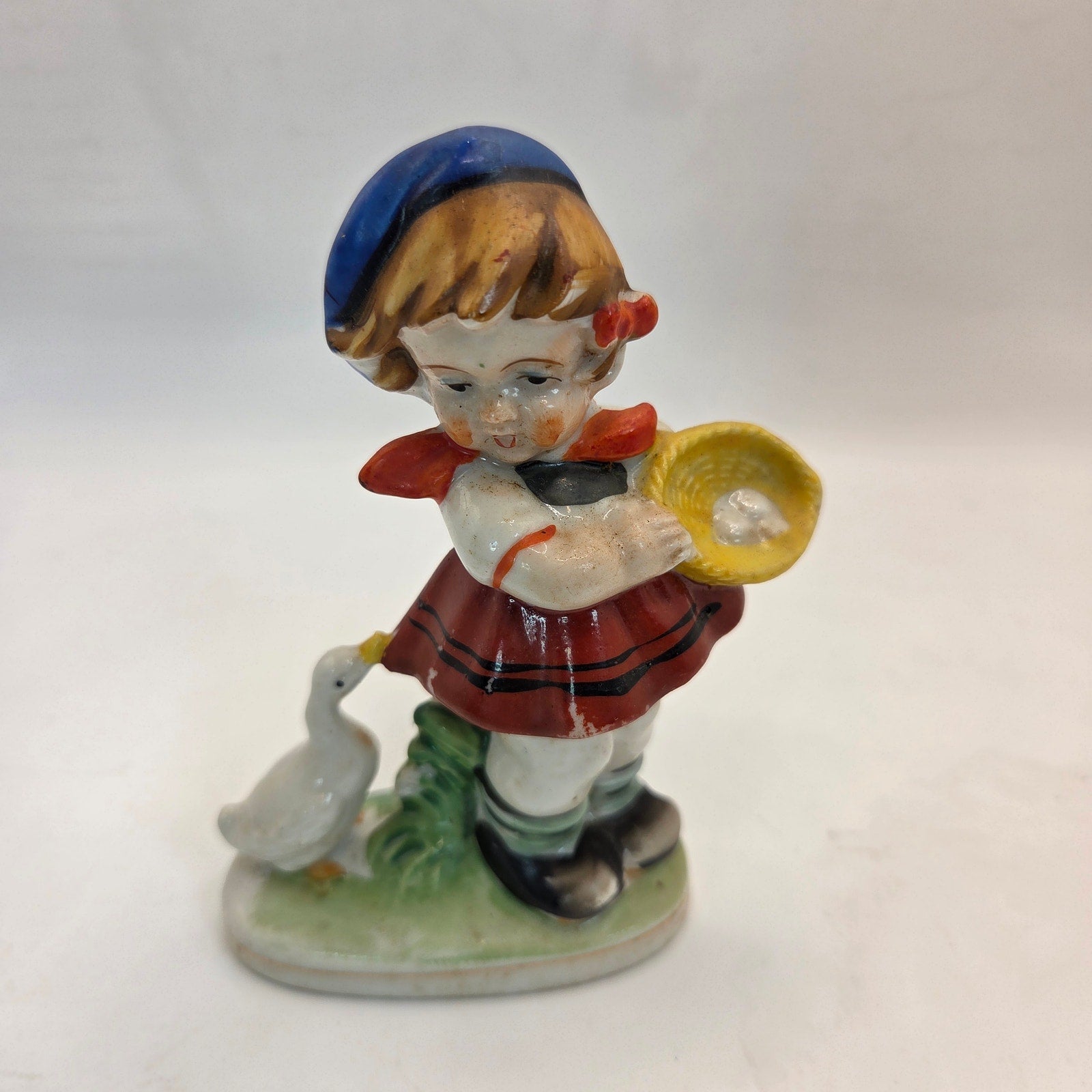 Occupied Japan Girl With Goose Figurine 4.5” Vintage Porcelain Painted