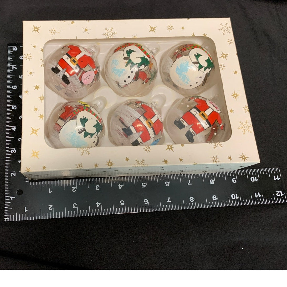Vintage 1996 Czech Hand Painted Glass Christmas Ornaments Santa Snowman Set 6