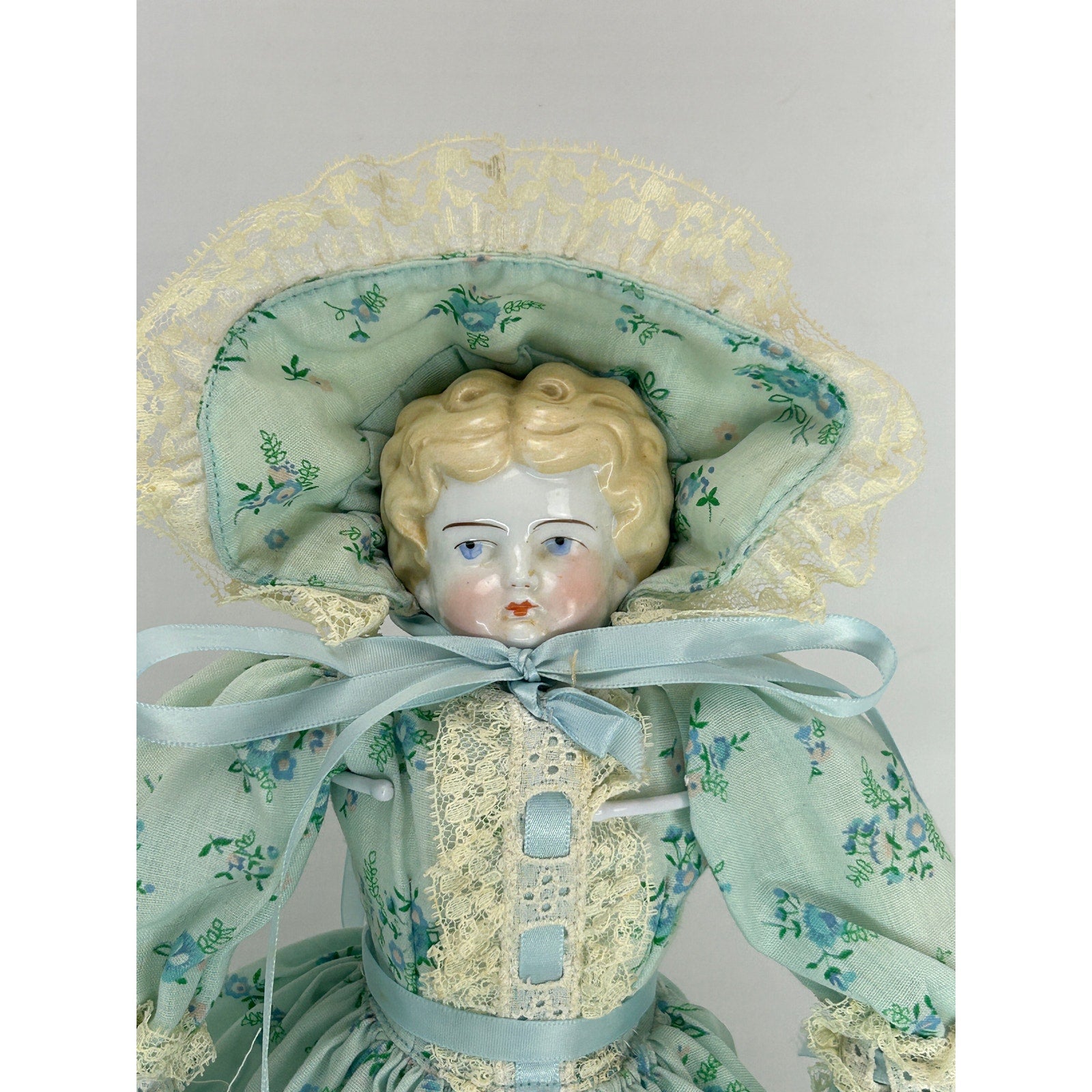 Antique 14” Blonde China Head Doll 1860s German Porcelain Cloth Body
