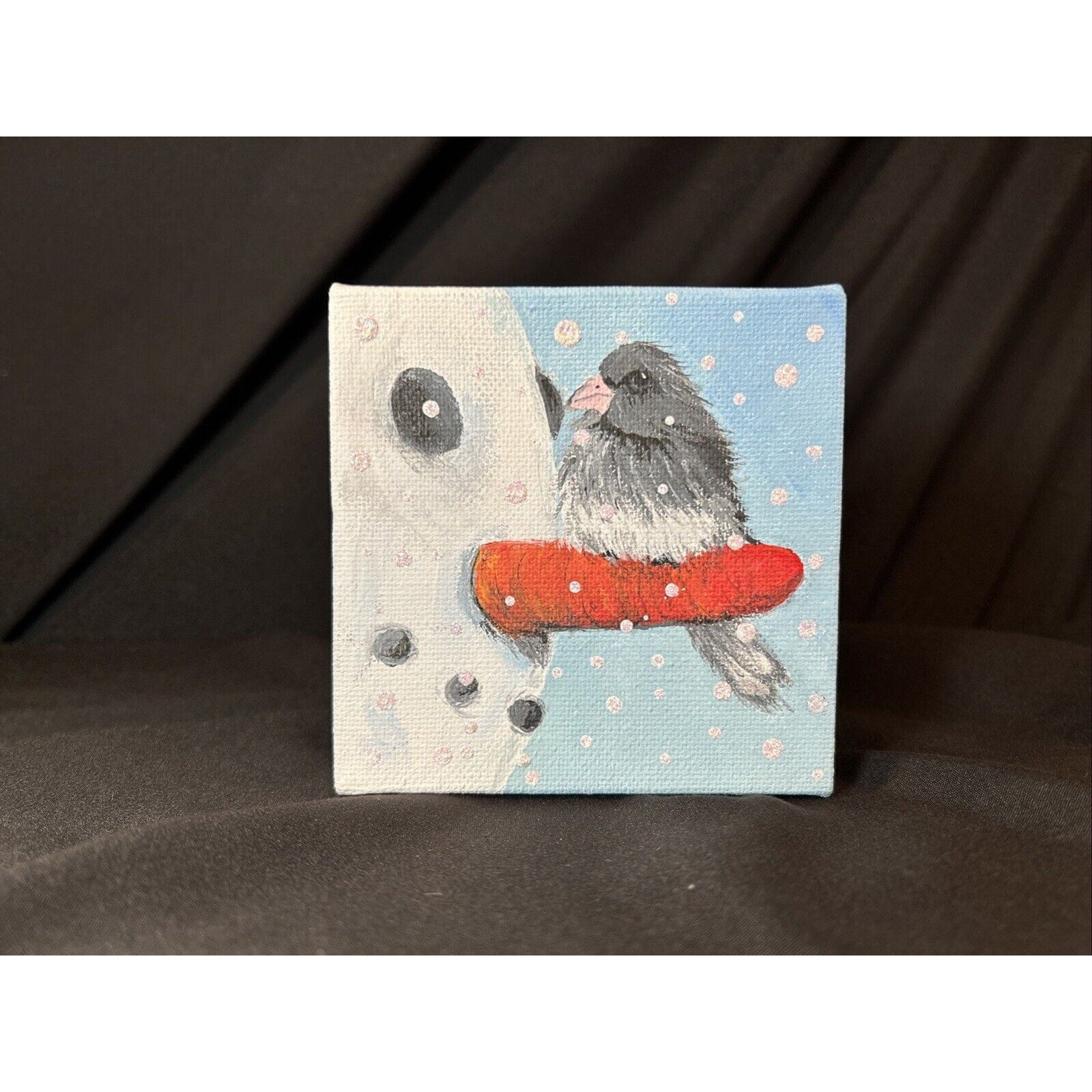 Small Winter Art Painting Bird on Nose of Snowman 4"x4"x1 3/4"