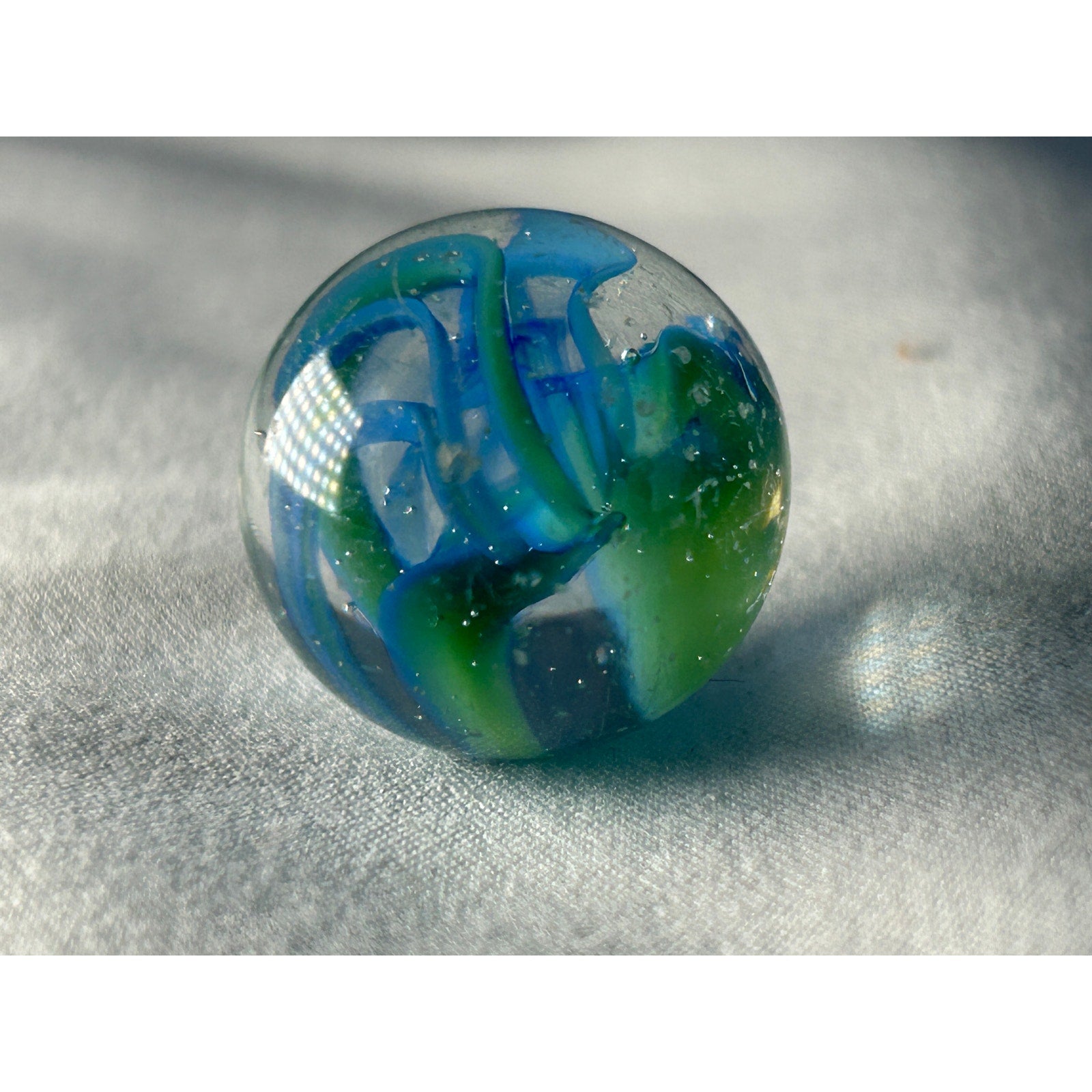 Blue Green Ribbon Art Glass Marble Handmade Style Swirl 0.7 Inch