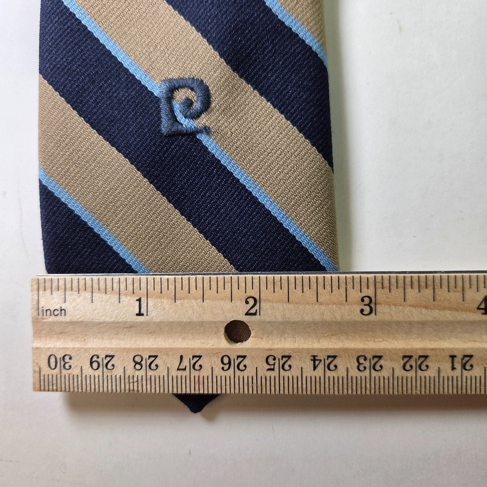 Pierre Cardin Repp Navy Tan Blue Stripe Polyester Tie 3” x 52”