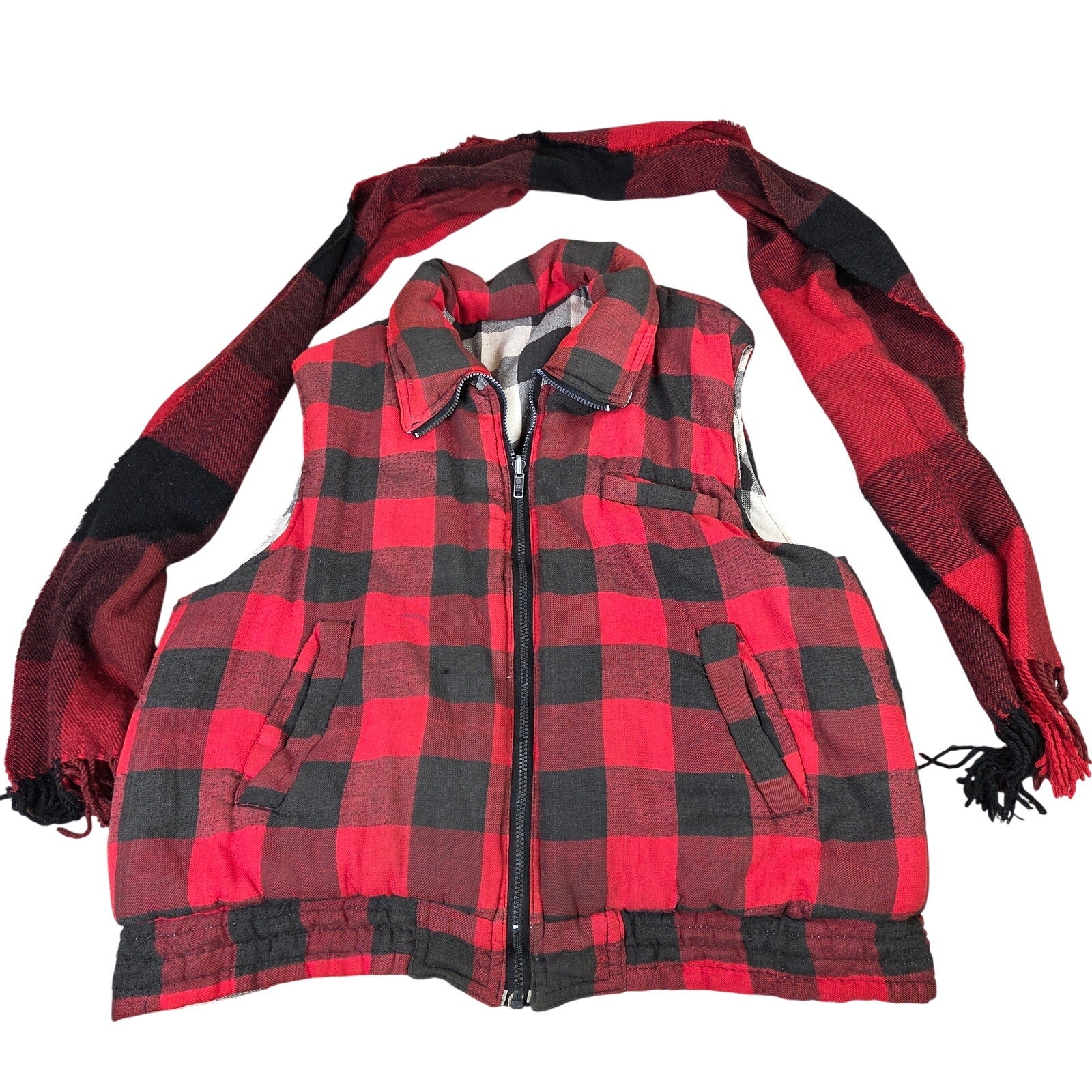 Unbranded Reversible Buffalo Plaid Vest Scarf Set Red Black Adult Large