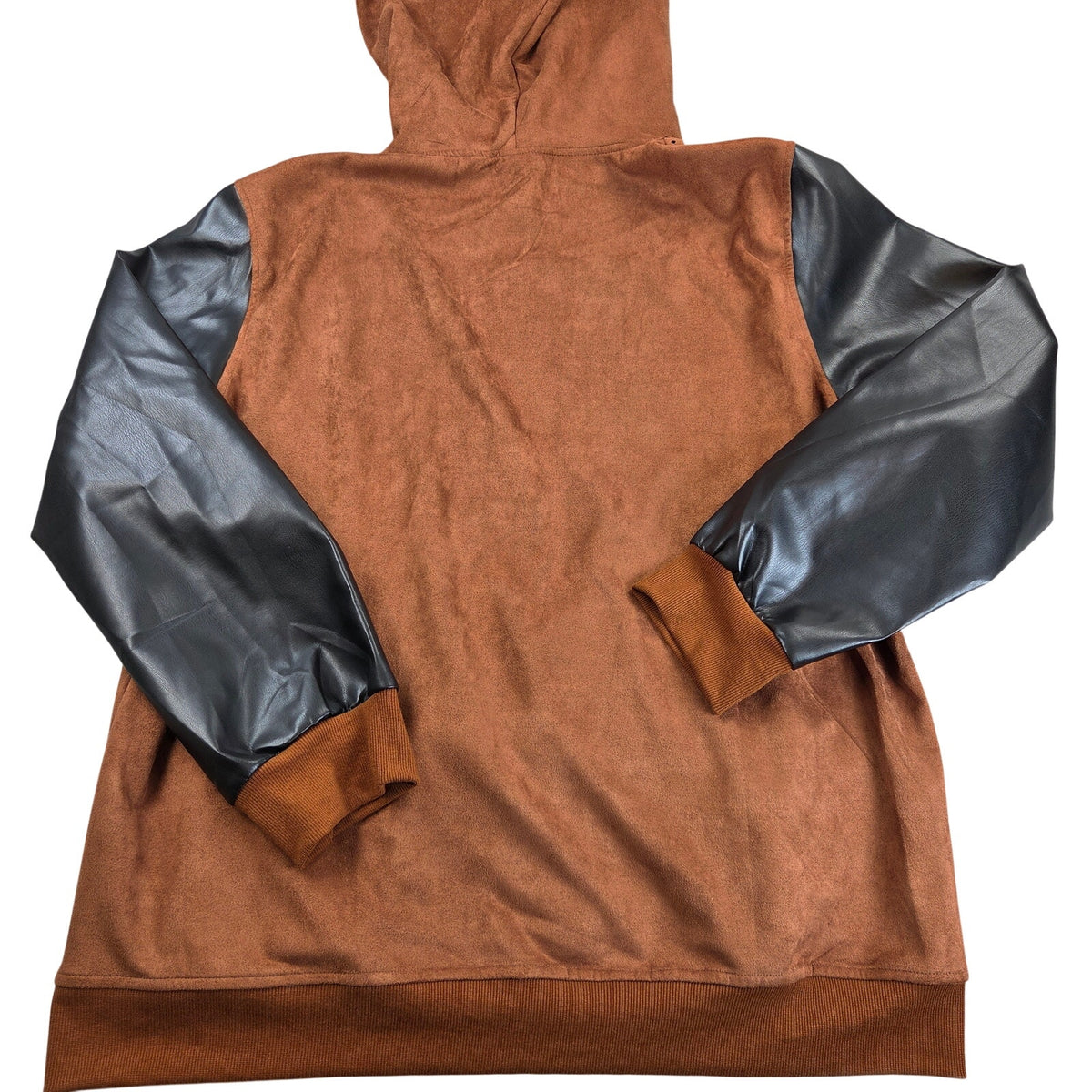 Custom Faux Suede Hoodie 2XL Brown Black Contrast Sleeves Pullover