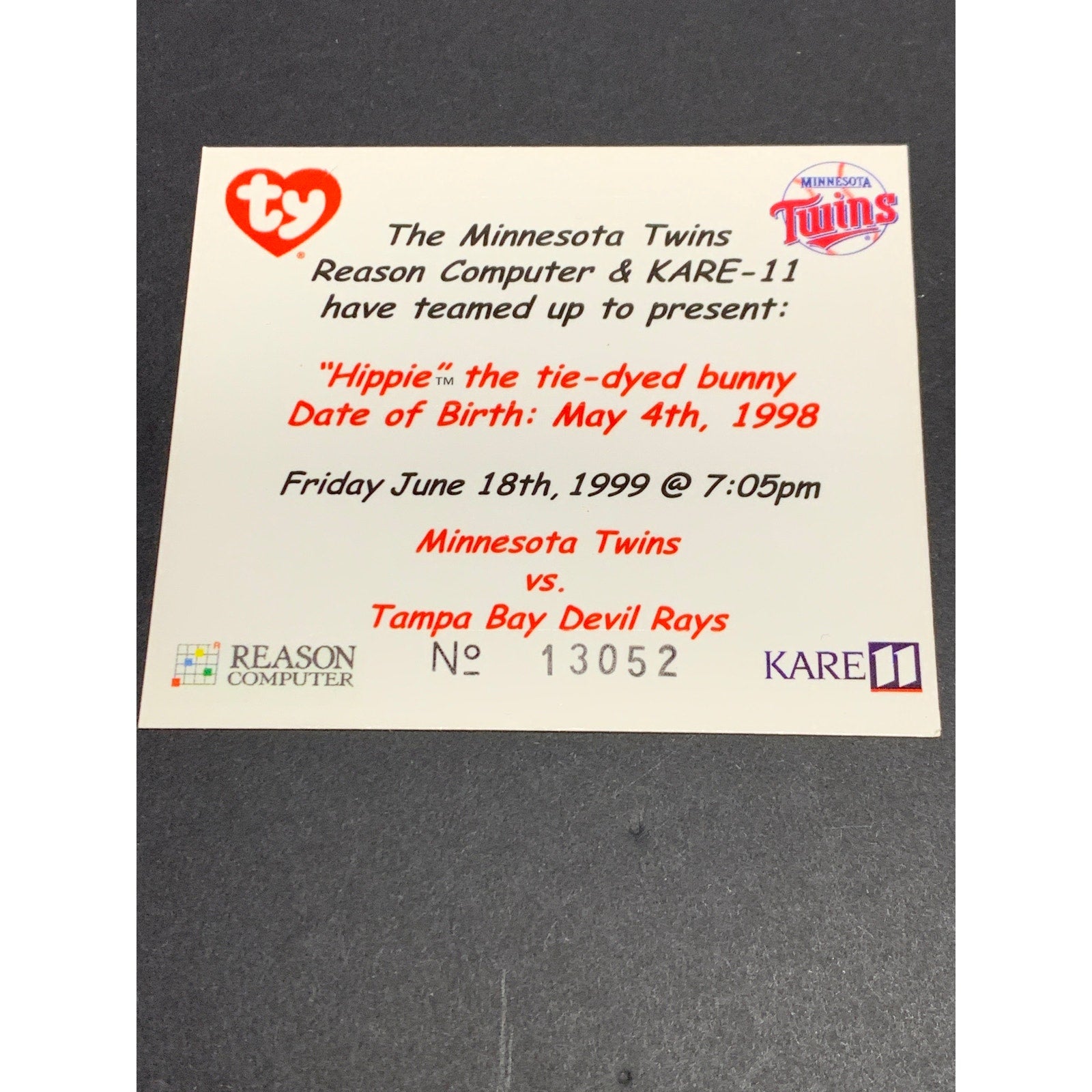 Minnesota Twins Hippie the Tie-dyed Bunny Ty Beanie Babies SGA Giveaway 1999