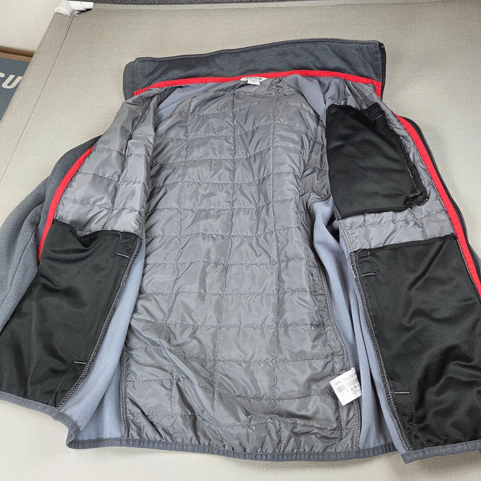Orvis Hybrid Quilted Full Zip Jacket Mens Large Gray Stretch Fleece Coat