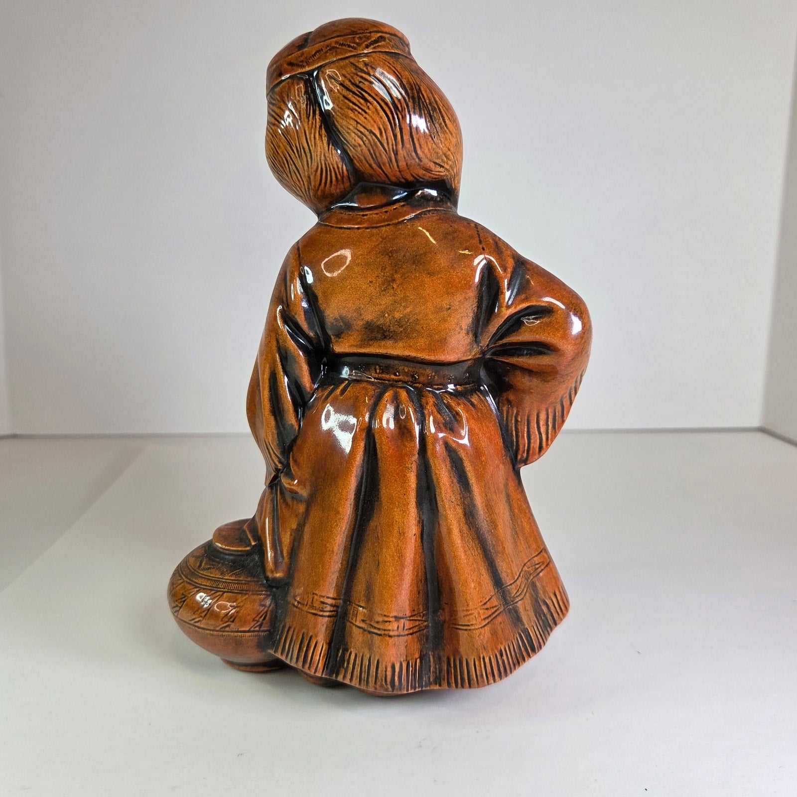 Vintage Ceramic Figurine Native American Girl Holding Pottery Brown Glaze 7.75"