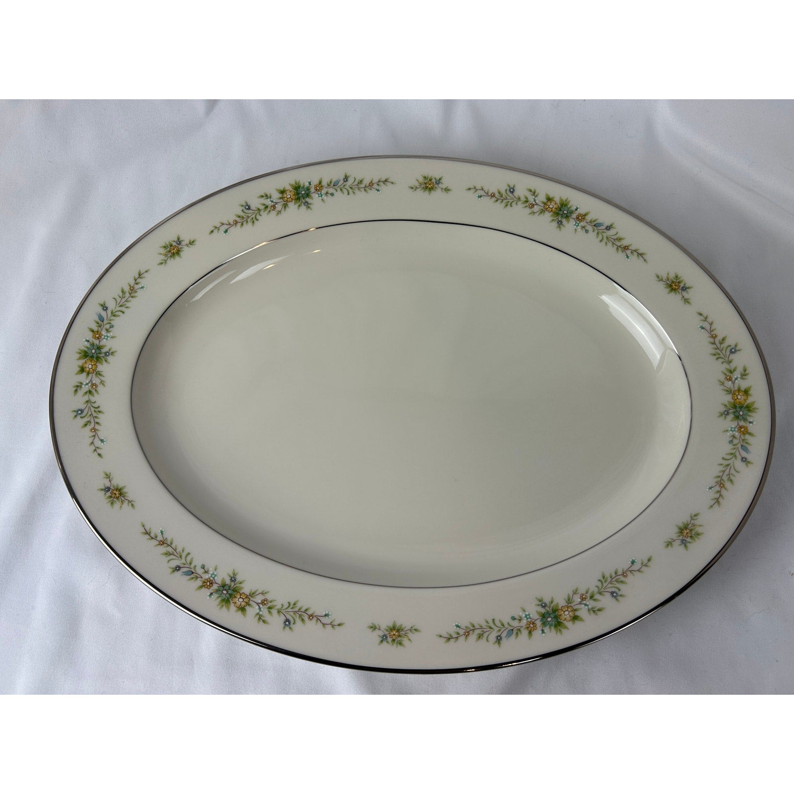 Noritake Christina 7056 Oval Serving Platter Ivory China Floral Silver Trim
