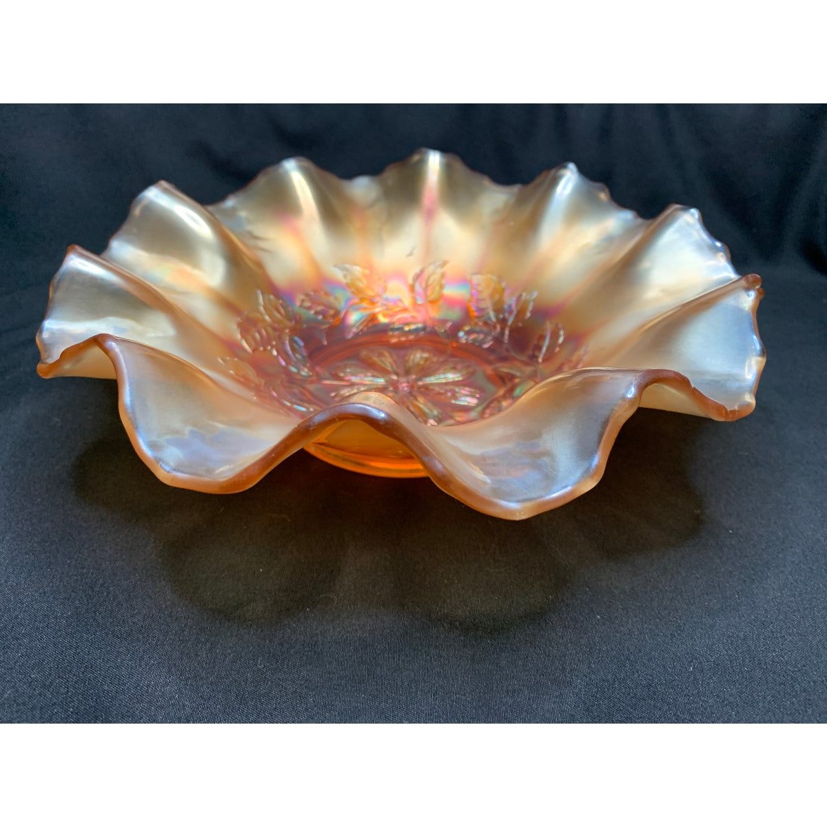 Antique Dugan Cosmos Variant Marigold Carnival Glass Ruffled Bowl 1910s