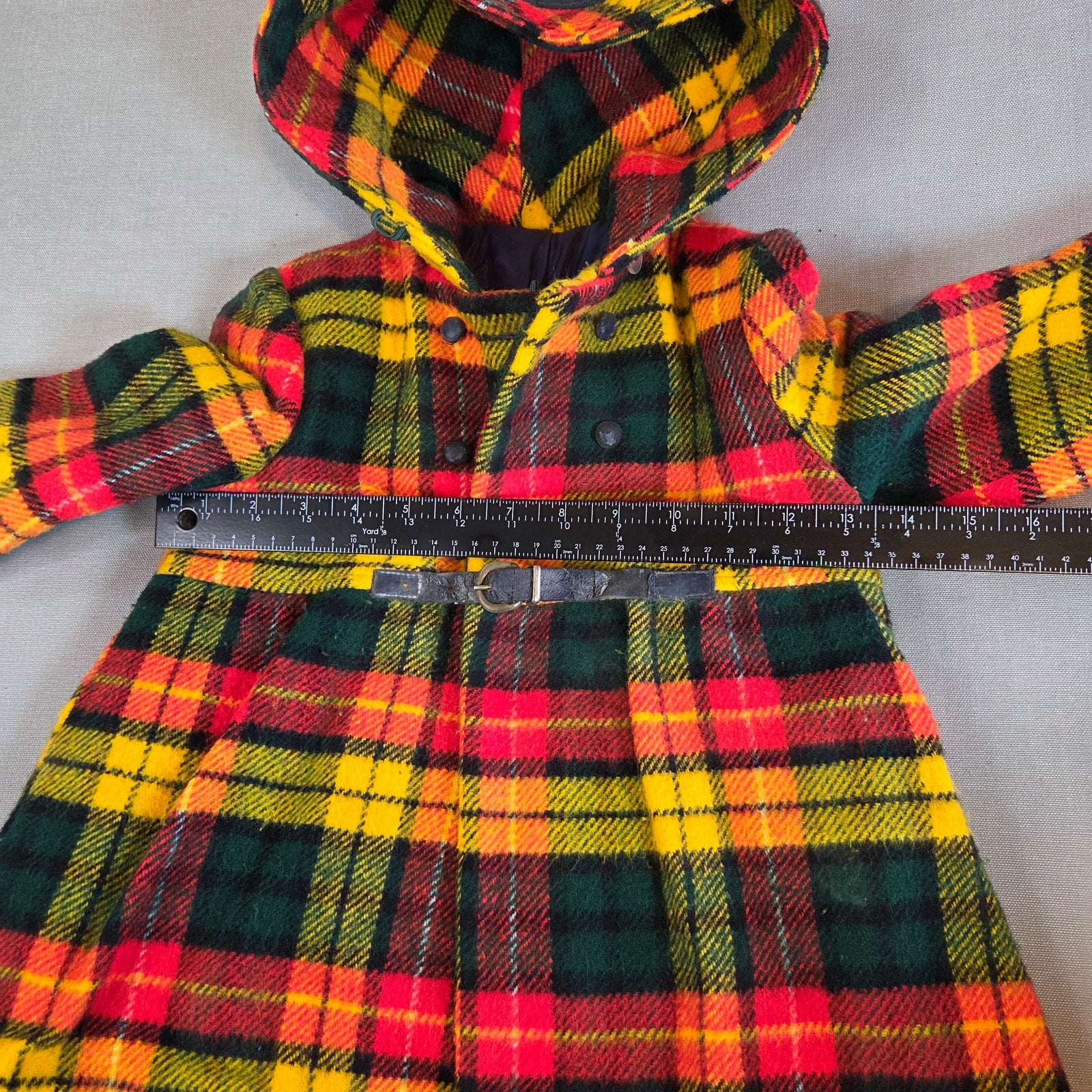 Vintage 60s 70s Girls Hooded Plaid Wool Blend Coat Belted Unbranded
