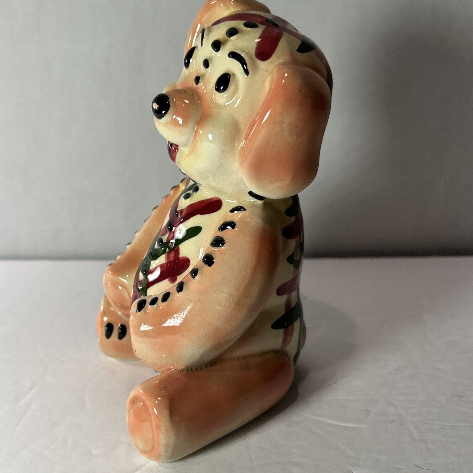 Vintage Patchwork Dog Figurine Hand Painted Ceramic 1950s 1960s Folk Art