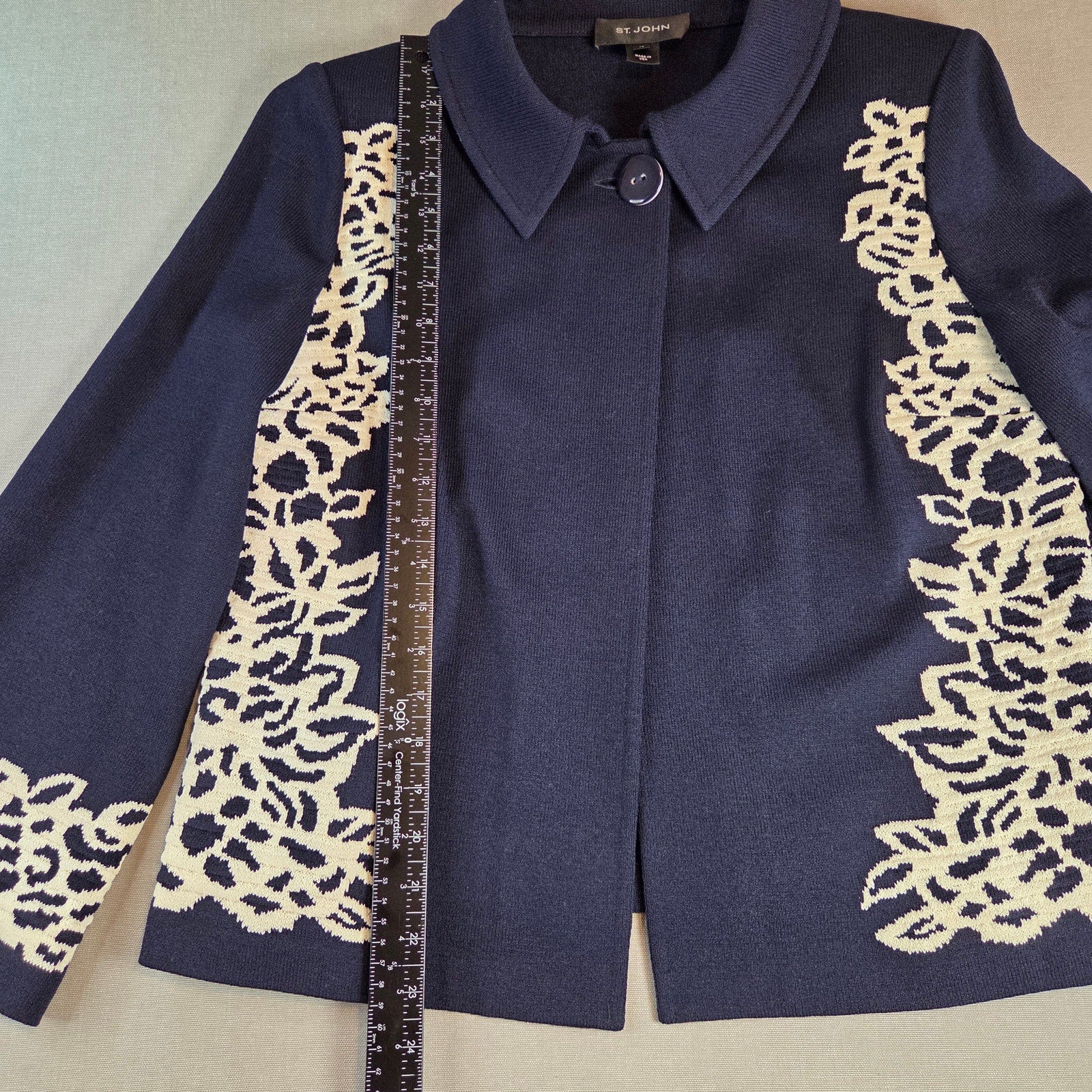 St. John Collection Sweater Blazer Women’s 10 Navy White Knit Jacket USA Made