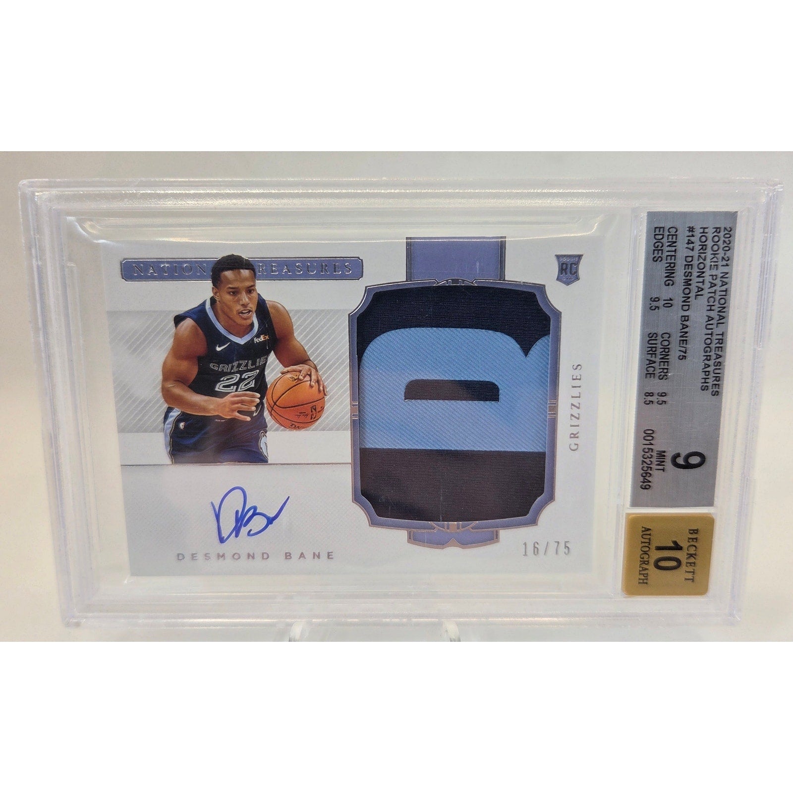2020-21 National Treasures Desmond Bane RPA /75 Patch Auto BGS 9 Auto 10 Rookie