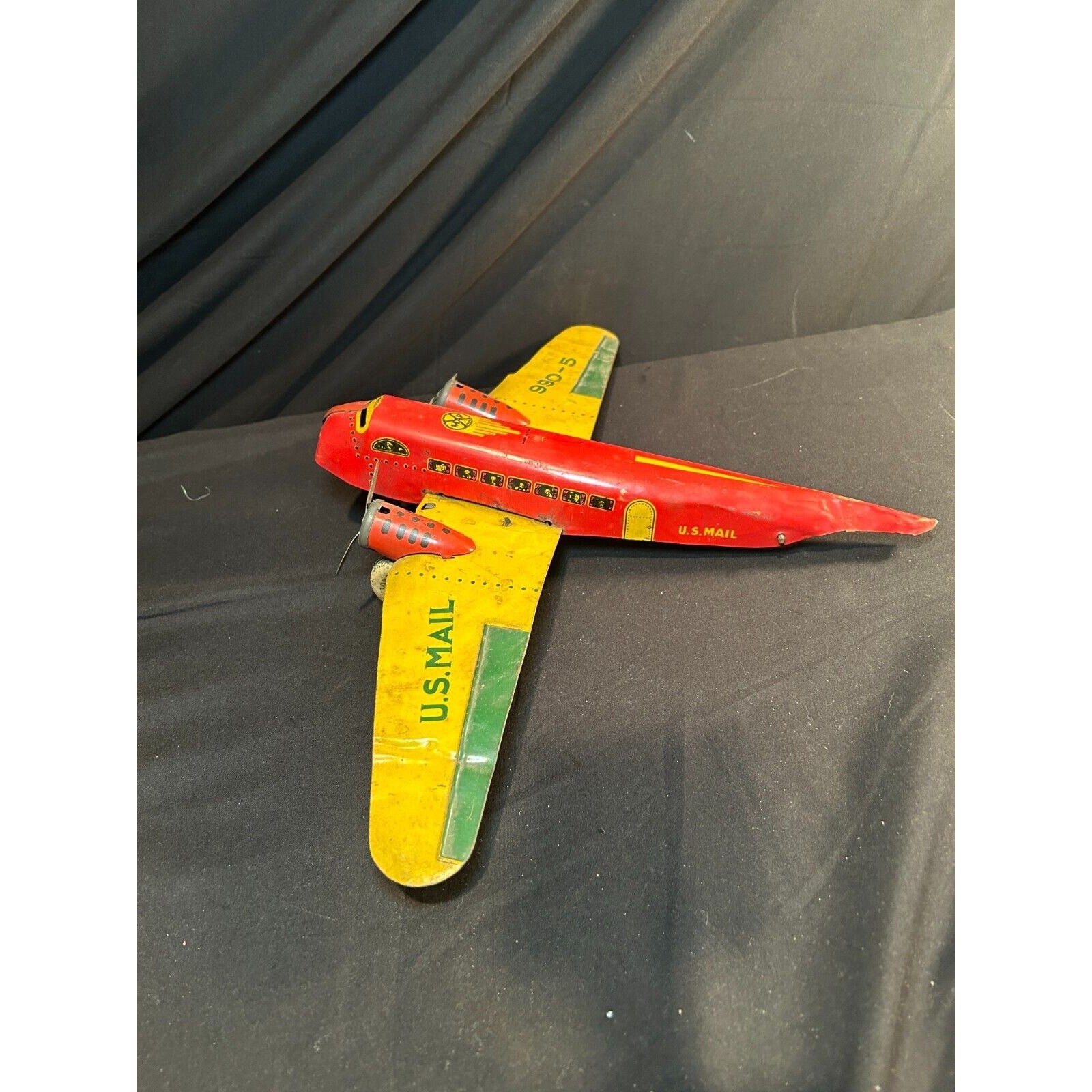 1930s Marx U.S. Mail 990-5 Tin Wind-Up Twin Engine Airplane Toy – Rare VTG