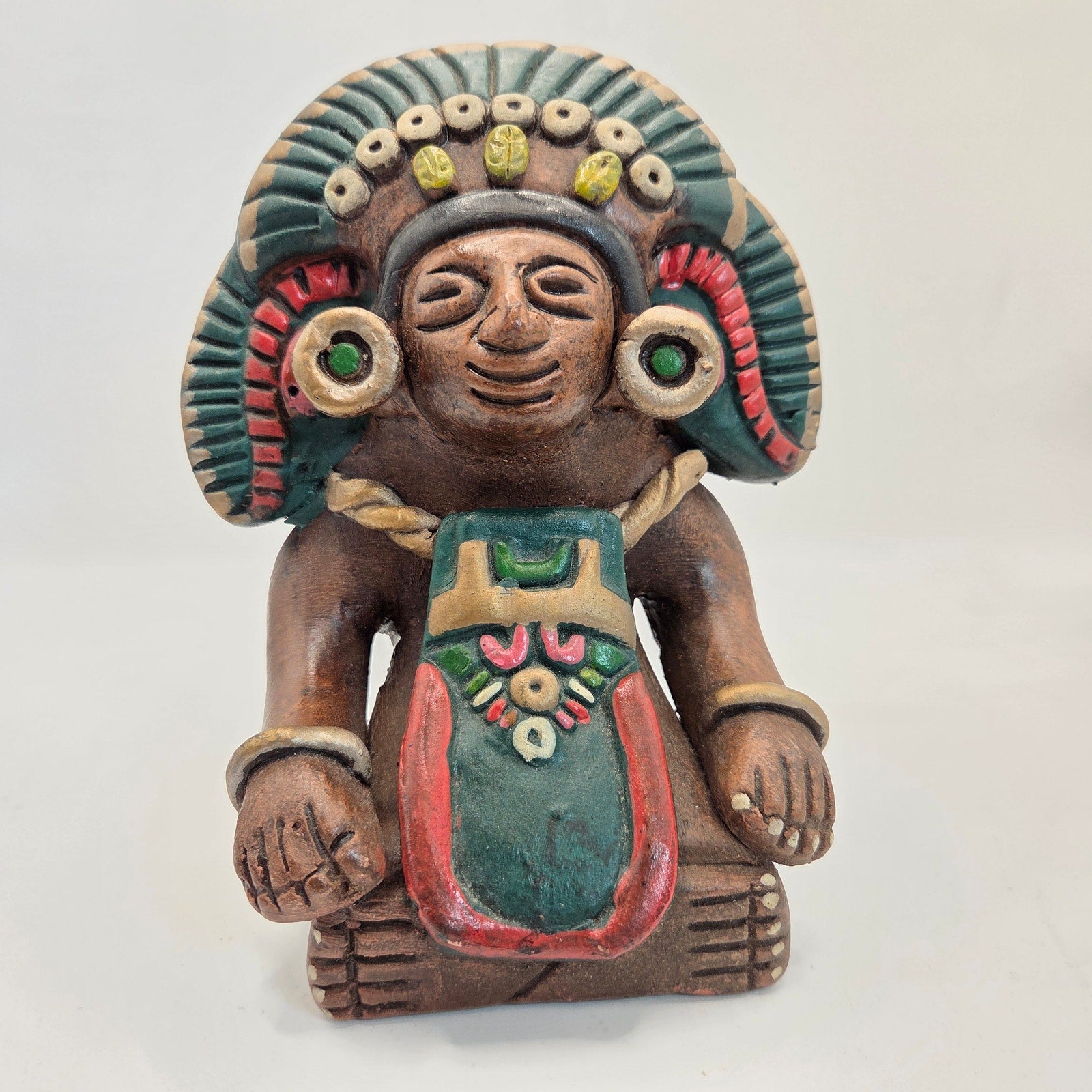Vintage Mexican Hand Painted Clay Aztec Style Figure Statue 6.5" Folk Art