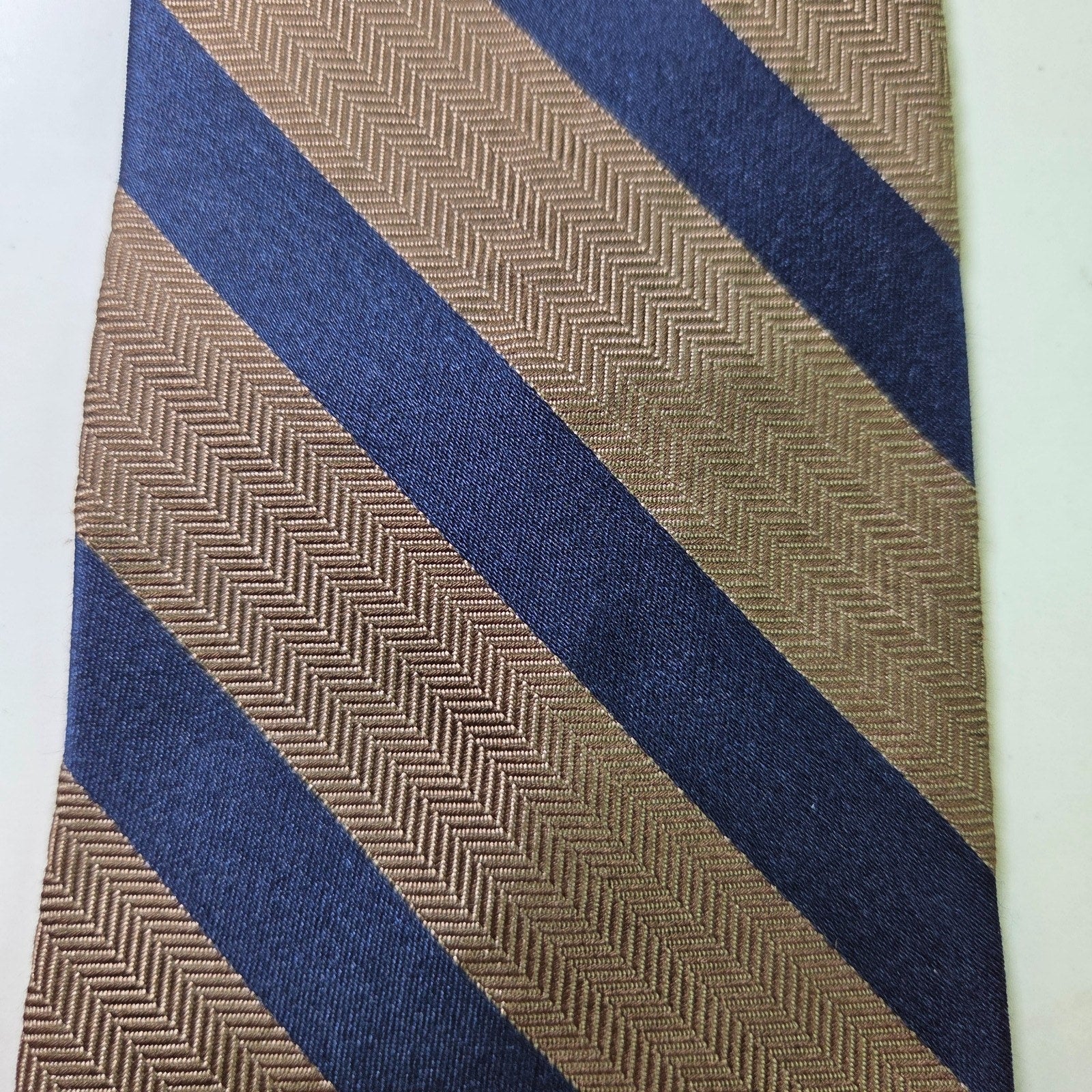 Tommy Hilfiger Navy Tan Striped Repp Tie 3.75" Classic USA Made